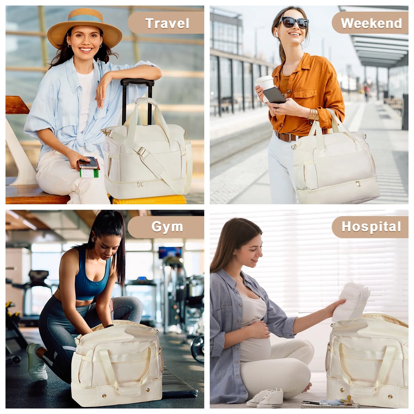 MOONORAH Travel Duffel Bag, Tote Gym Bag, Shoulder Weekender Overnight Bag for Women, Carry Bag with Wet Dry Pocket/Front Phone Pocket/USB Charging Port for Travel, Airline Approved, Beige