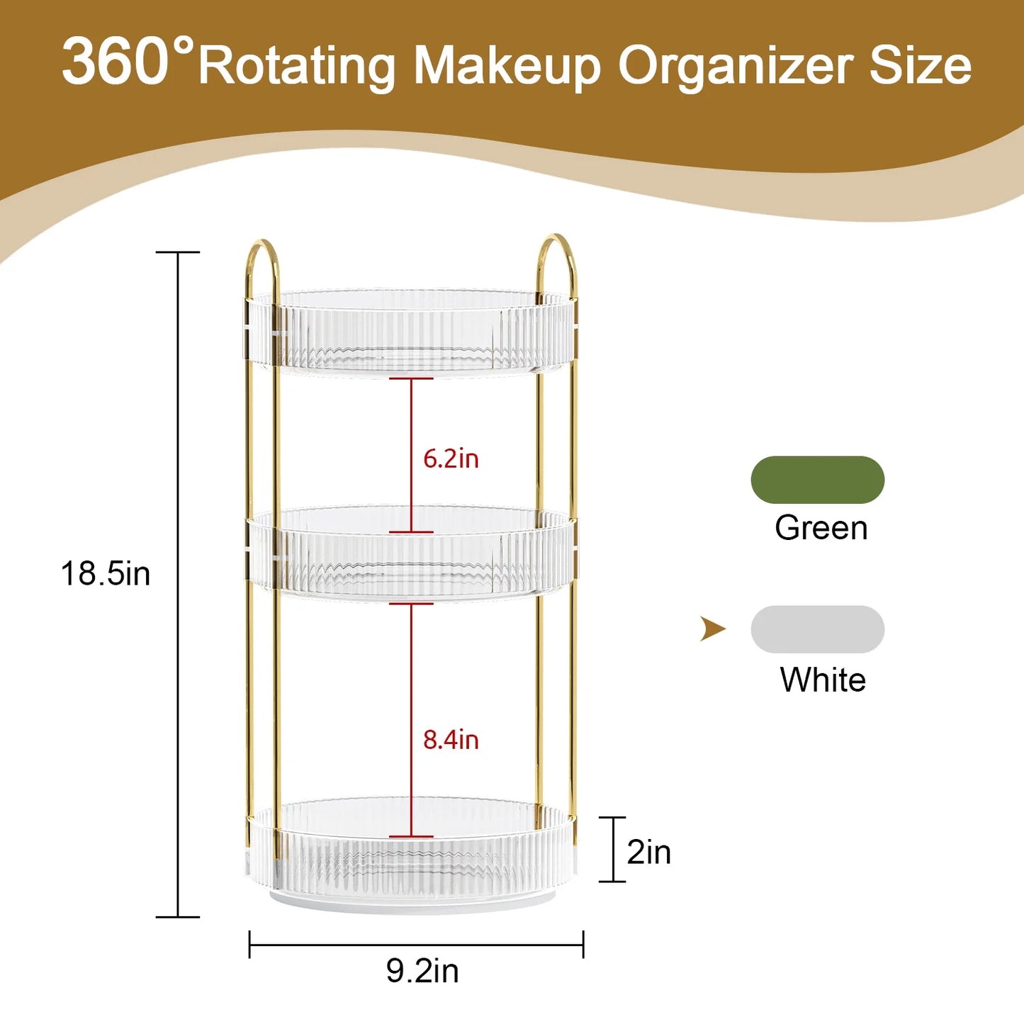 360° Rotating Makeup Organizer, Bathroom Makeup Holder, 3 Tiers Large Capacity Storage Shelf, Clear