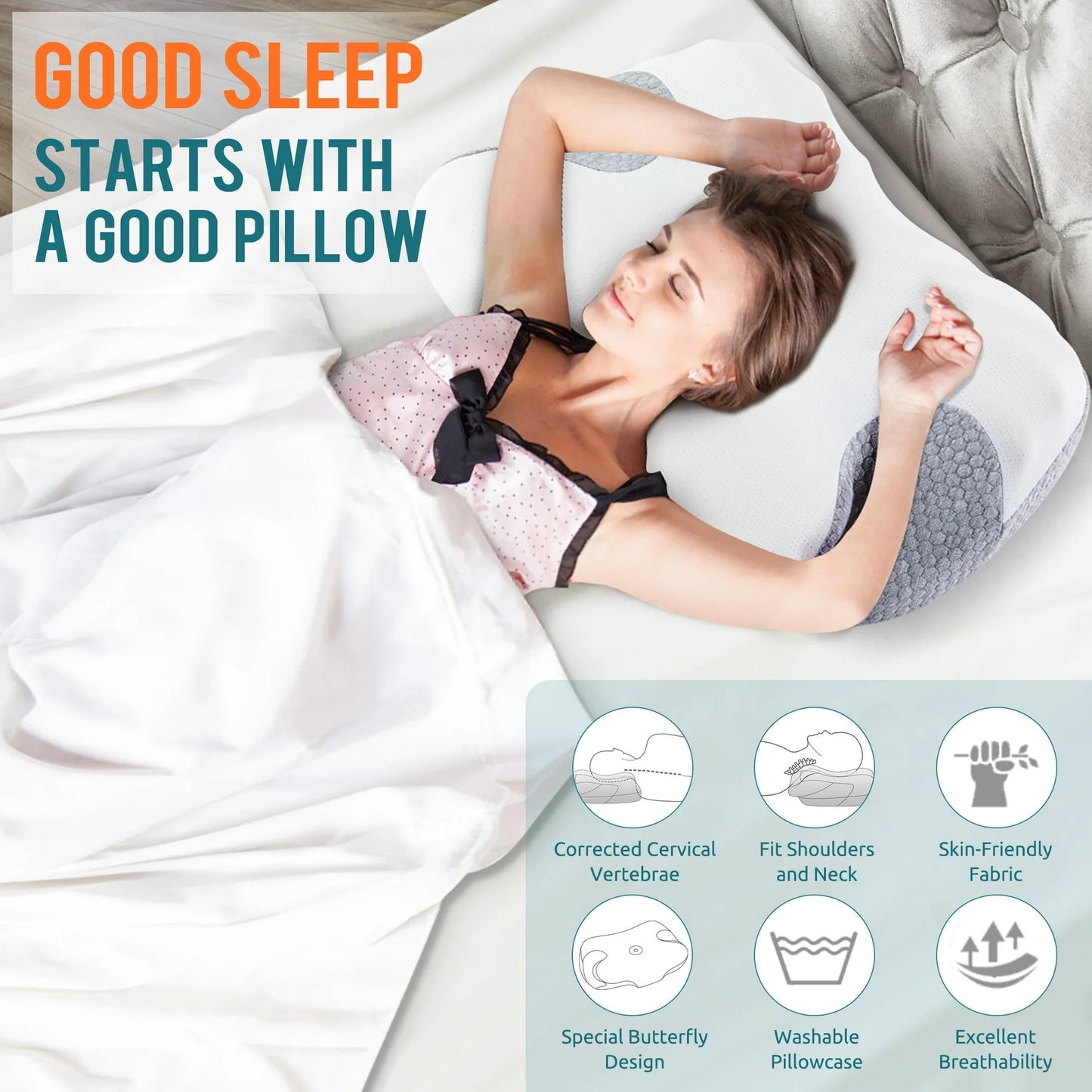 MOONORAH Cervical Memory Foam Pillow Neck Bed Pillow for Pain Relief Sleeping, Ergonomic Orthopedic for Side Back and Stomach Sleepers with Breathable Pillowcase, Queen Size 24" x 16.5" x 5.1" Gray