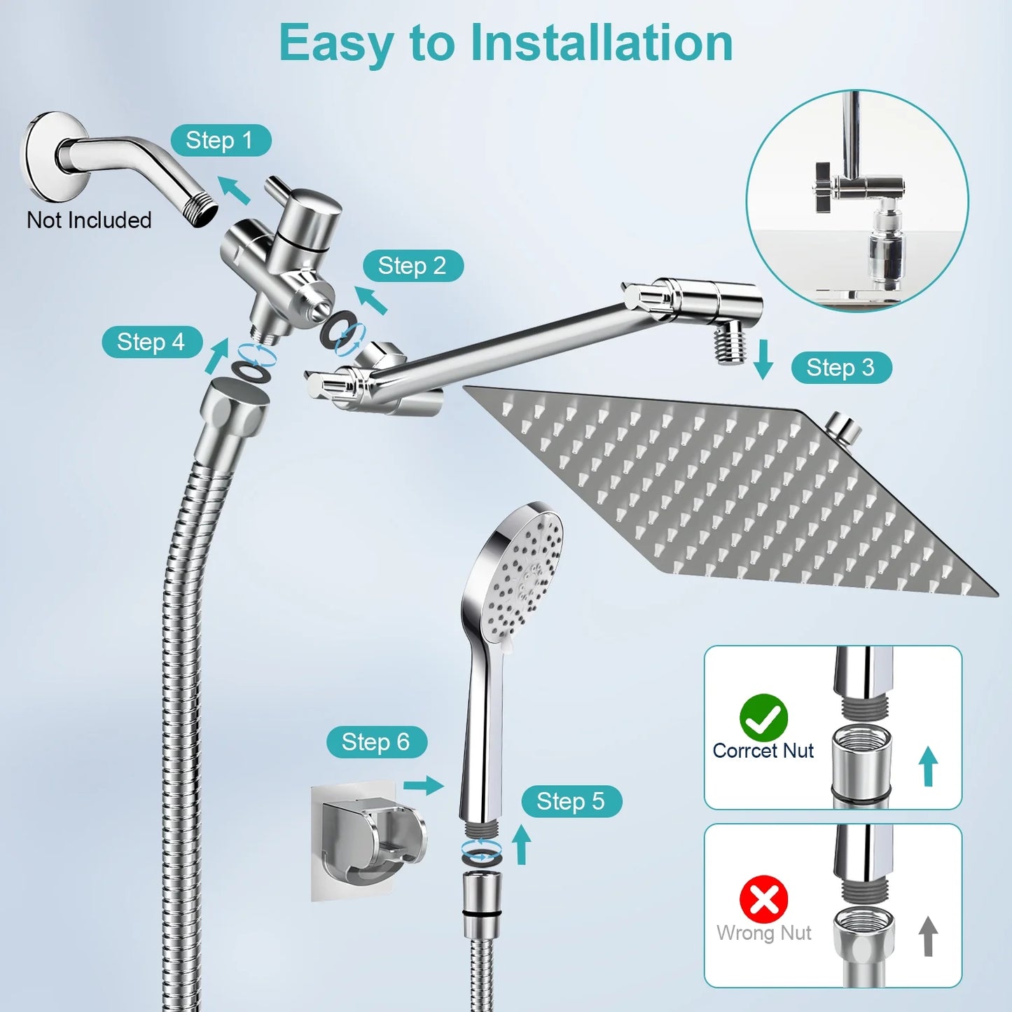 MOONORAH 10 Inch High Pressure Rain Shower Head Combo with Adjustable Extension Arm, Wide Rainfall & 5 Spray Handheld Showerhead, Dual Anti-Clog Nozzles for Ultimate Shower Experience, Silver