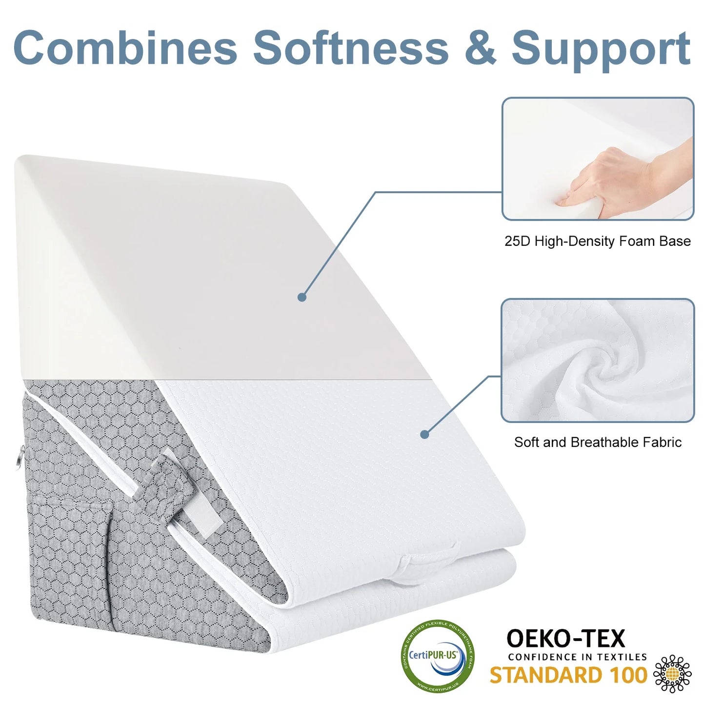 MOONORAH Wedge Pillow for Sleep Apnea, Adjustable Wedge Pillow Headboard, Bed Wedge Pillow for Acid Reflux and Back Pain Relief, Pillow Wedge for Sleeping with Neck Support Pillow, White & Grey