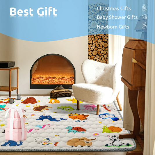 Baby Play Mat, 50" X 50" Tummy Time Mat with Soft Touch, Foldable Thick Activity Mat with Anti-Slip for Babies and Toddlers, Machine Washable Crawling Mat for Floor & Picnic - Animal