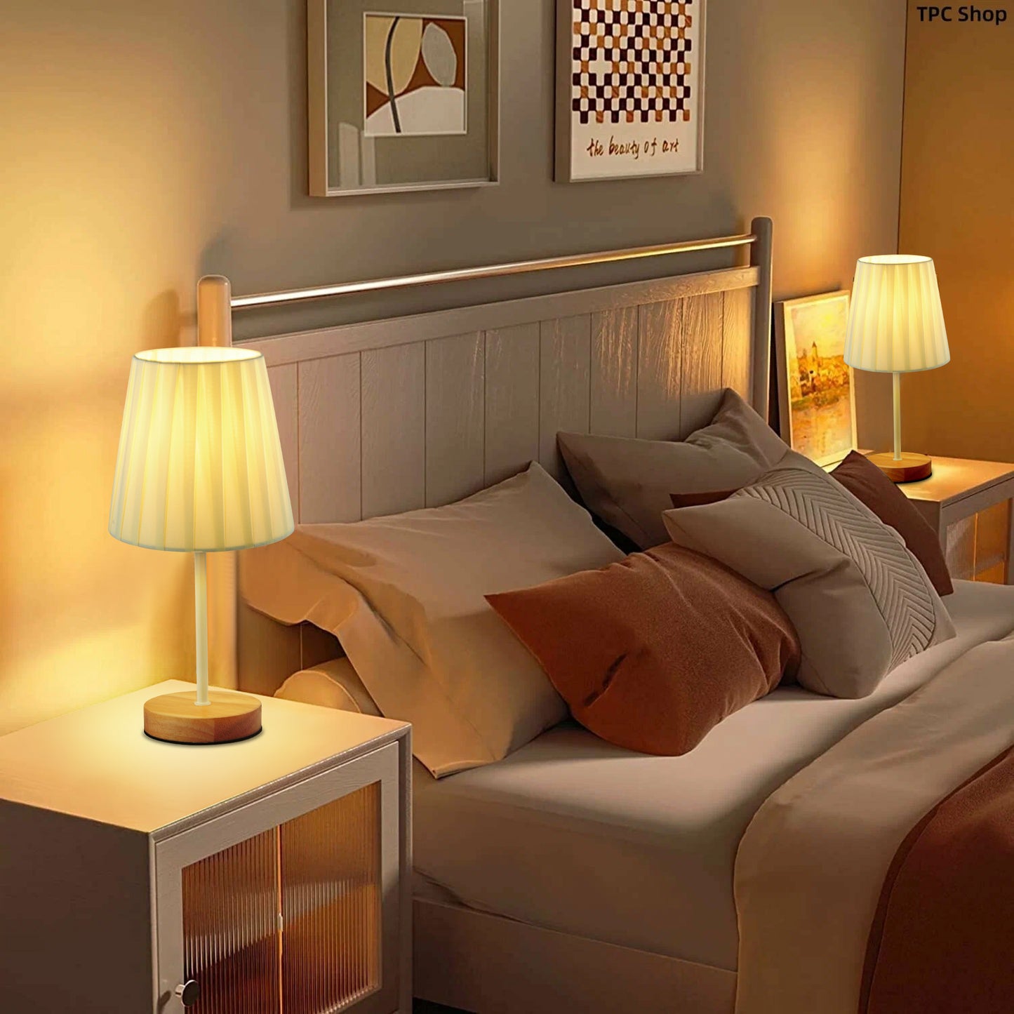 LAFAYTTE Fabric Wooden Table Lamp Bedside Nightstand Lamp Simple LED Desk Lamp for Home Bedroom Living Room Office Study