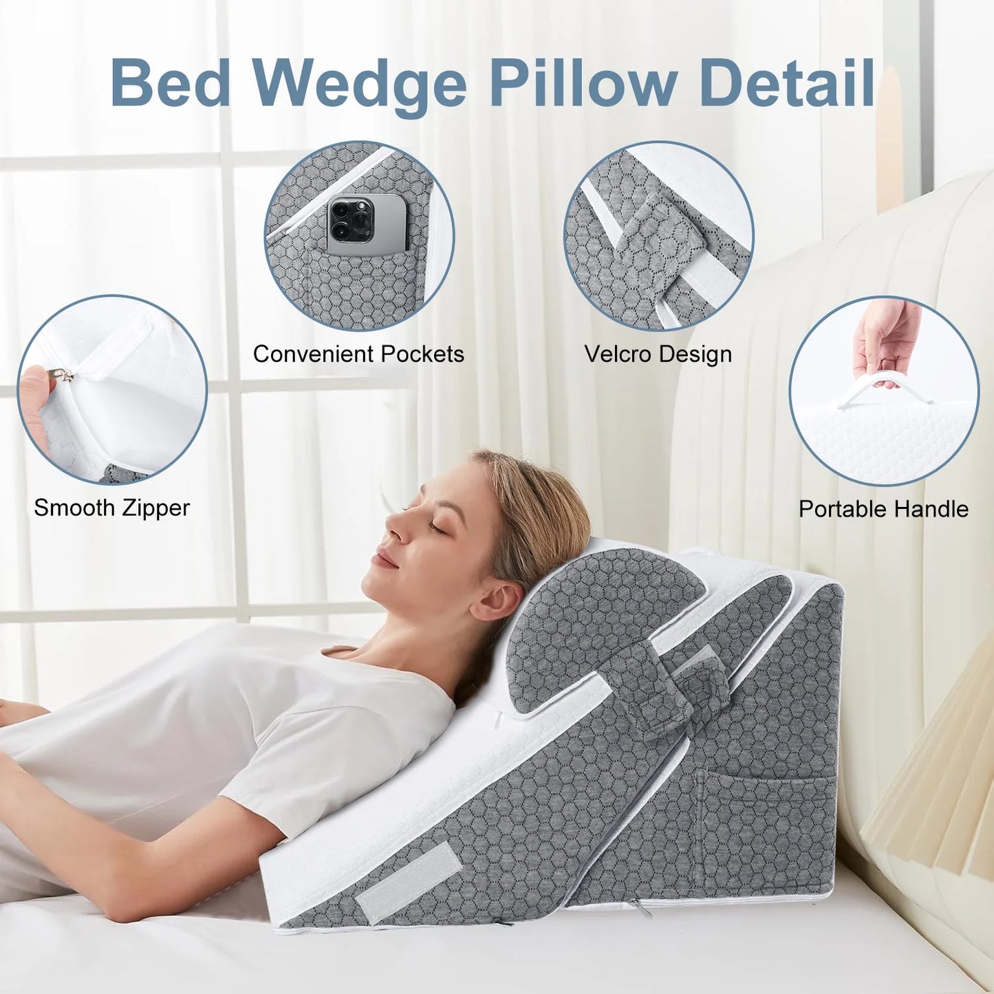 MOONORAH Wedge Pillow for Sleep Apnea, Adjustable Wedge Pillow Headboard, Bed Wedge Pillow for Acid Reflux and Back Pain Relief, Pillow Wedge for Sleeping with Neck Support Pillow, White & Grey