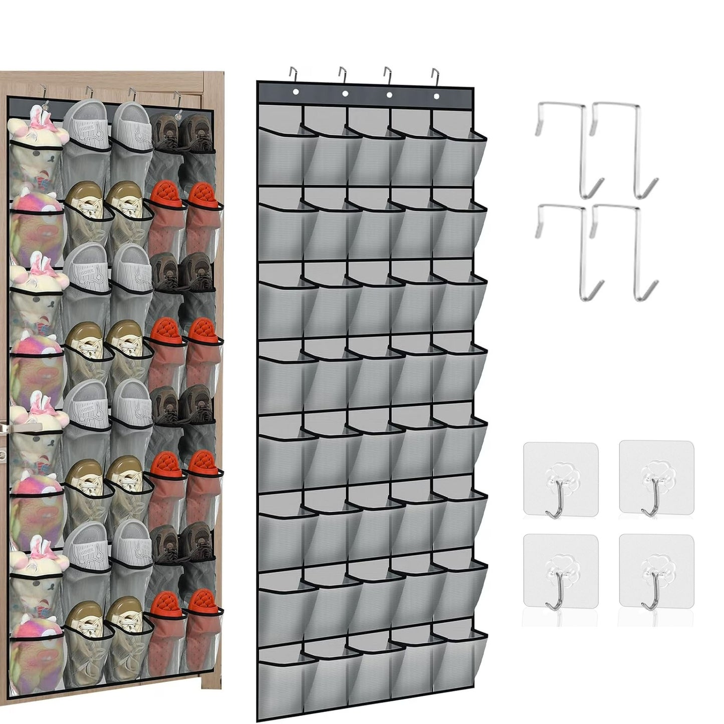 Onekawa 40 Pairs Over The Door Shoe Organizer, Space Saving Hanging Shoe Rack for Closet Door with 8 Hooks, Breathable Mesh Storage Holder for Shoes, Accessories, Holds Up to 40 lbs, Gray