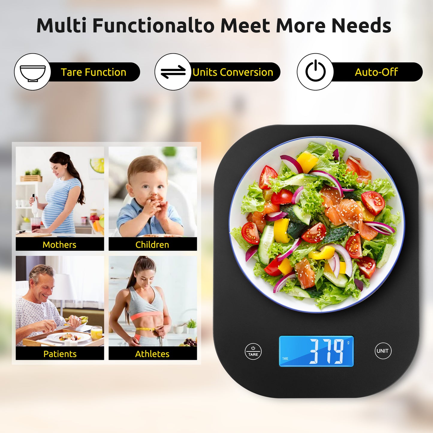 MOONORAH Digital Kitchen Scale, Food Grams Weight and Ounces Scales with Nutritional Timer, Smart App Coffee Scale for Weight Loss, Baking Cooking, Meal Prep, LCD Display, Black, 33LB/15KG