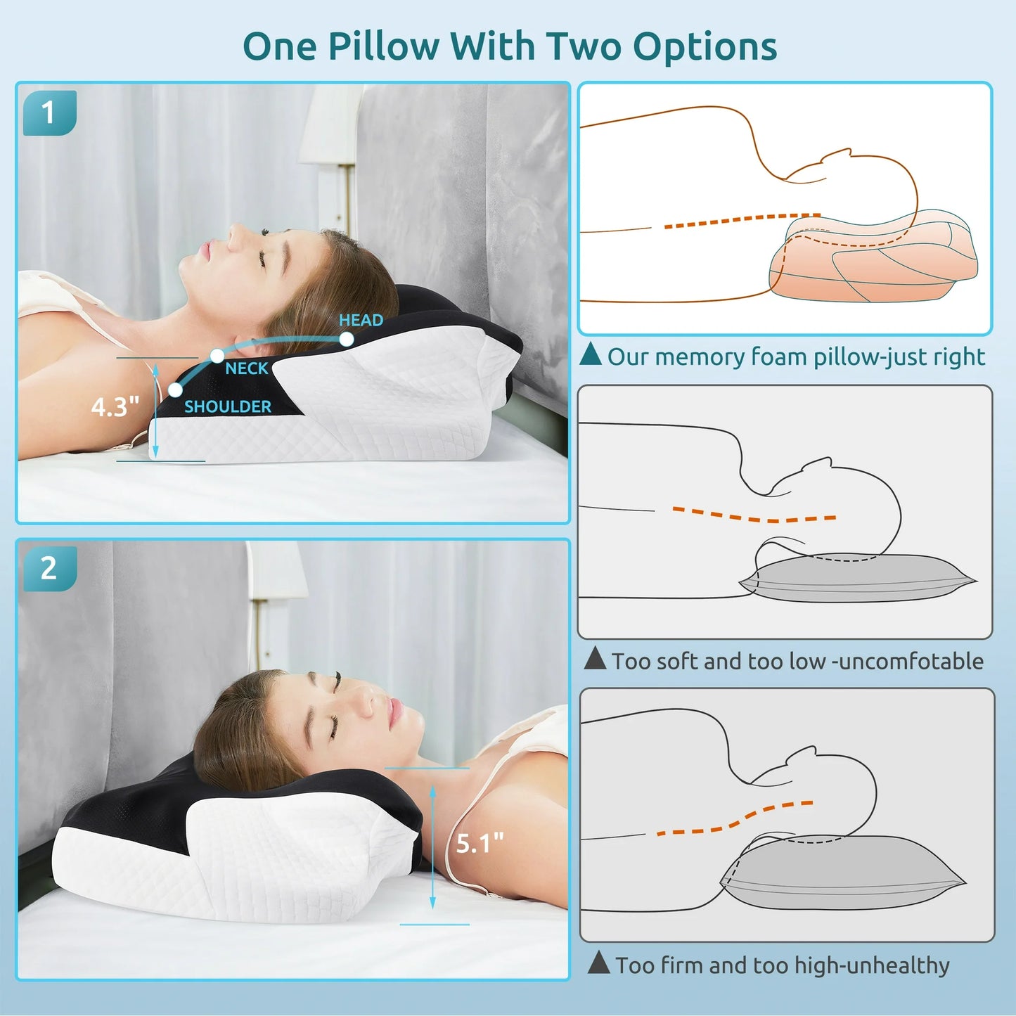 MOONORAH Cervical Memory Foam Pillow Neck Bed Pillow for Pain Relief Sleeping, Ergonomic Orthopedic for Side Back and Stomach Sleepers with Breathable Pillowcase, Queen Size 24" x 16.5" x 5.1" Black
