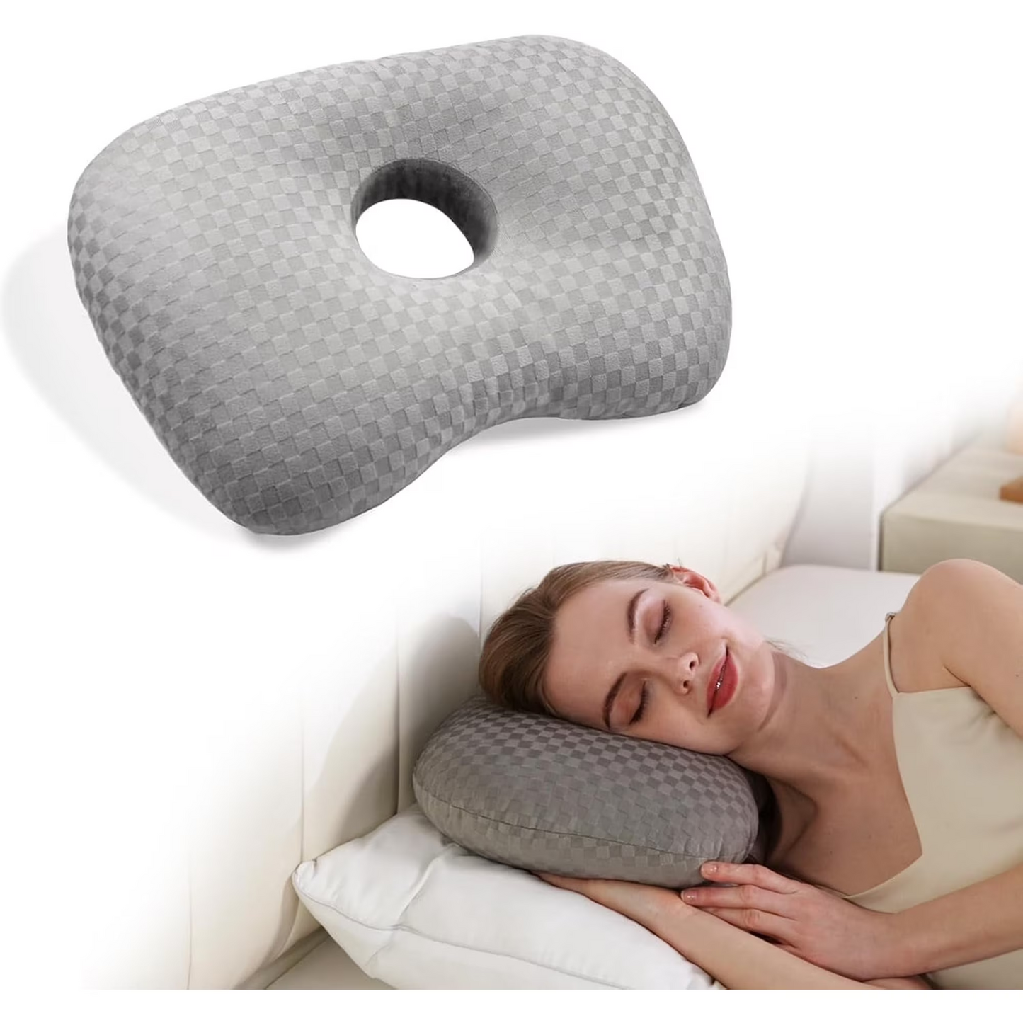 MOONORAH Ear Piercing Pillows with Hole, Side Sleeper Pillow for Ear Pain Relief, Surgery Recovery, Inflammation, Gray