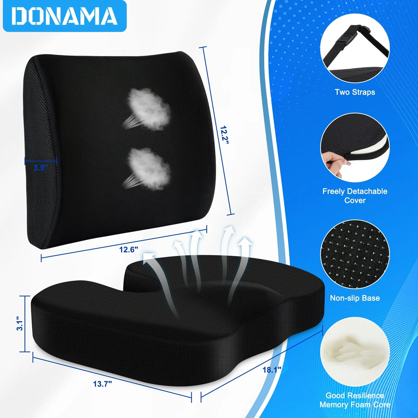 DONAMA Memory Foam Chair Seat & Lumbar Cushion for Tailbone, Hip Pain Relief - Ideal for Office, Car, Wheelchair