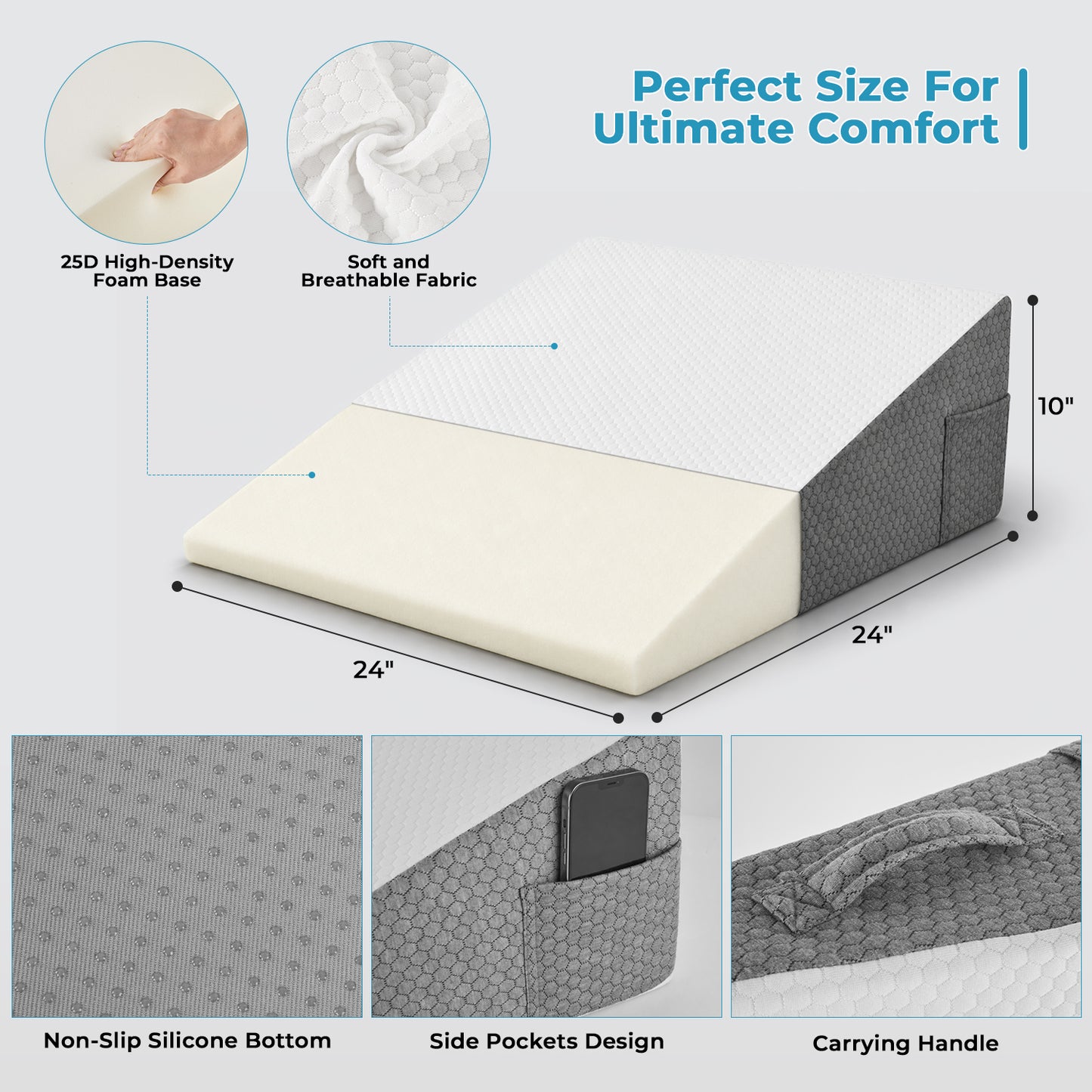 MOONORAH Wedge Pillow, Bed Wedge Pillow Headboard, Adjustable Wedge Pillow for Acid Reflux and Back Pain Relief, Sleeping, Post Surgery, Back Support Pillow for Bed Sitting Up, White/Grey