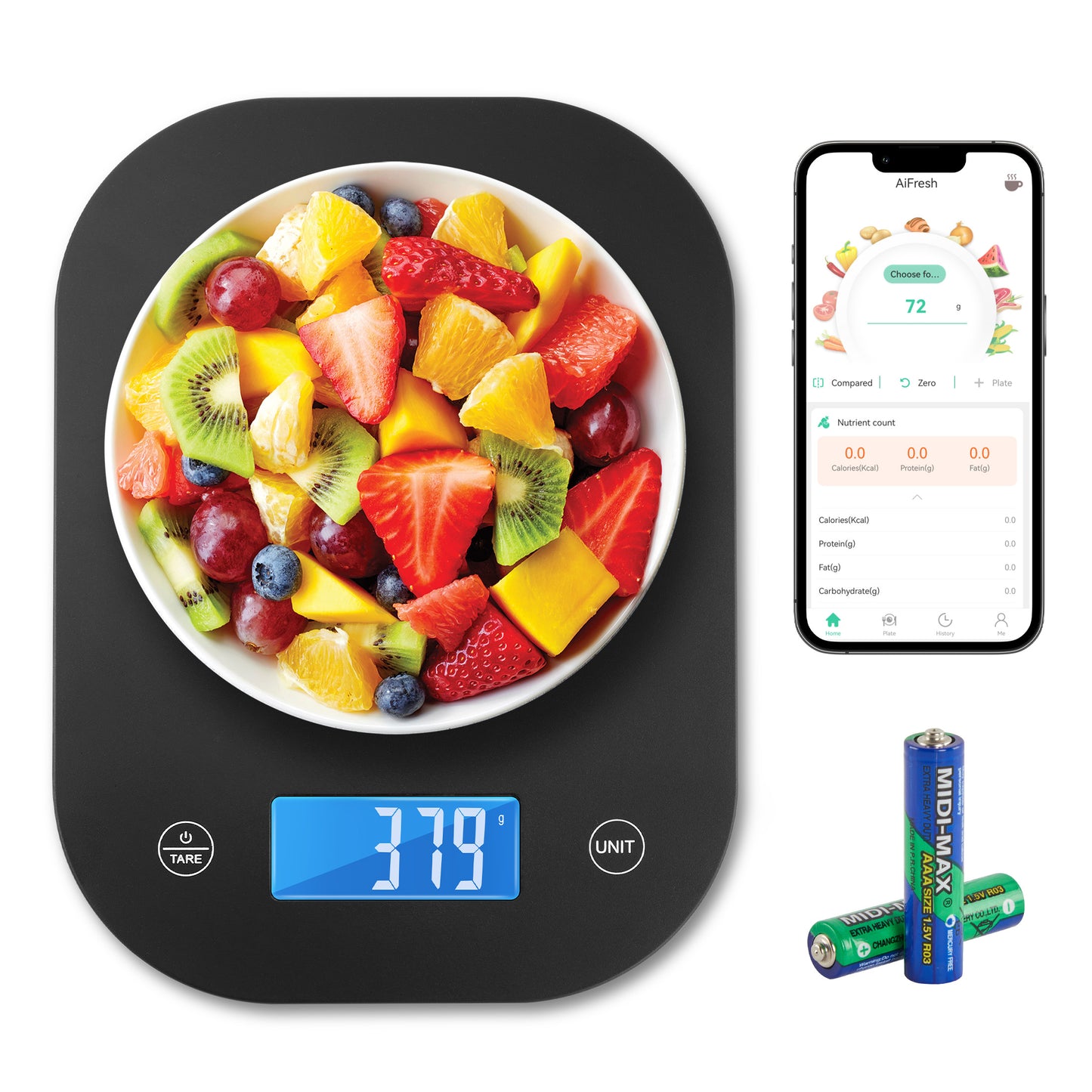 MOONORAH Digital Kitchen Scale, Food Grams Weight and Ounces Scales with Nutritional Timer, Smart App Coffee Scale for Weight Loss, Baking Cooking, Meal Prep, LCD Display, Black, 33LB/15KG