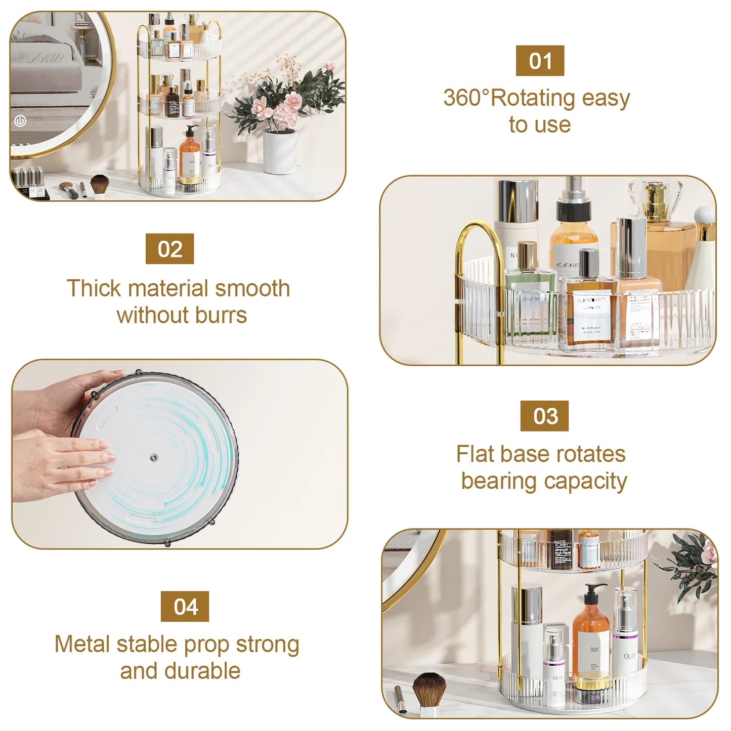 360° Rotating Makeup Organizer, Bathroom Makeup Holder, 3 Tiers Large Capacity Storage Shelf, Clear