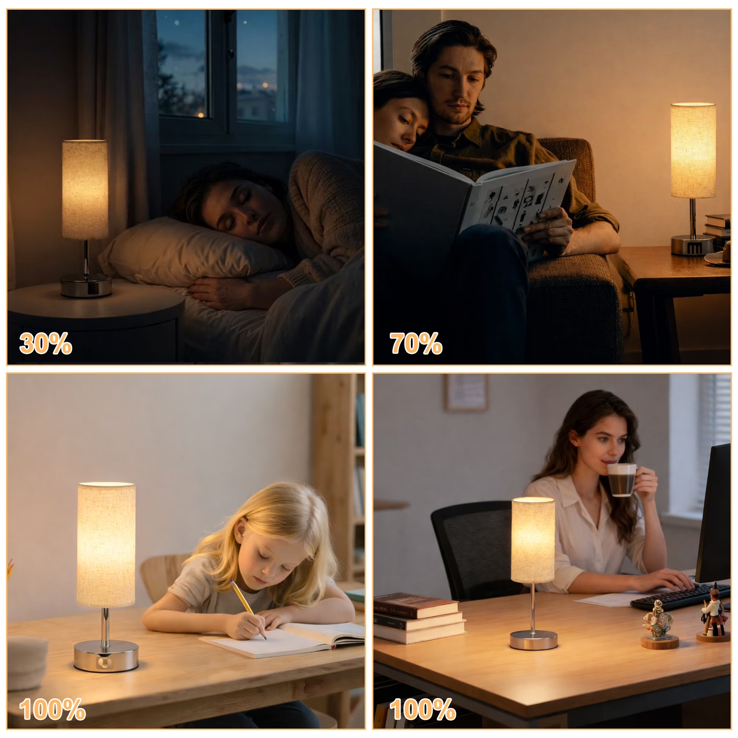 LOFTER-PRO Bedside Table Lamp, 3-Way Touch Control & Stepless Dimming Nightstand Lamp with USB Port and AC Outlet, Small Adjustable Desk Lamp for Bedroom, Living Room, or Office