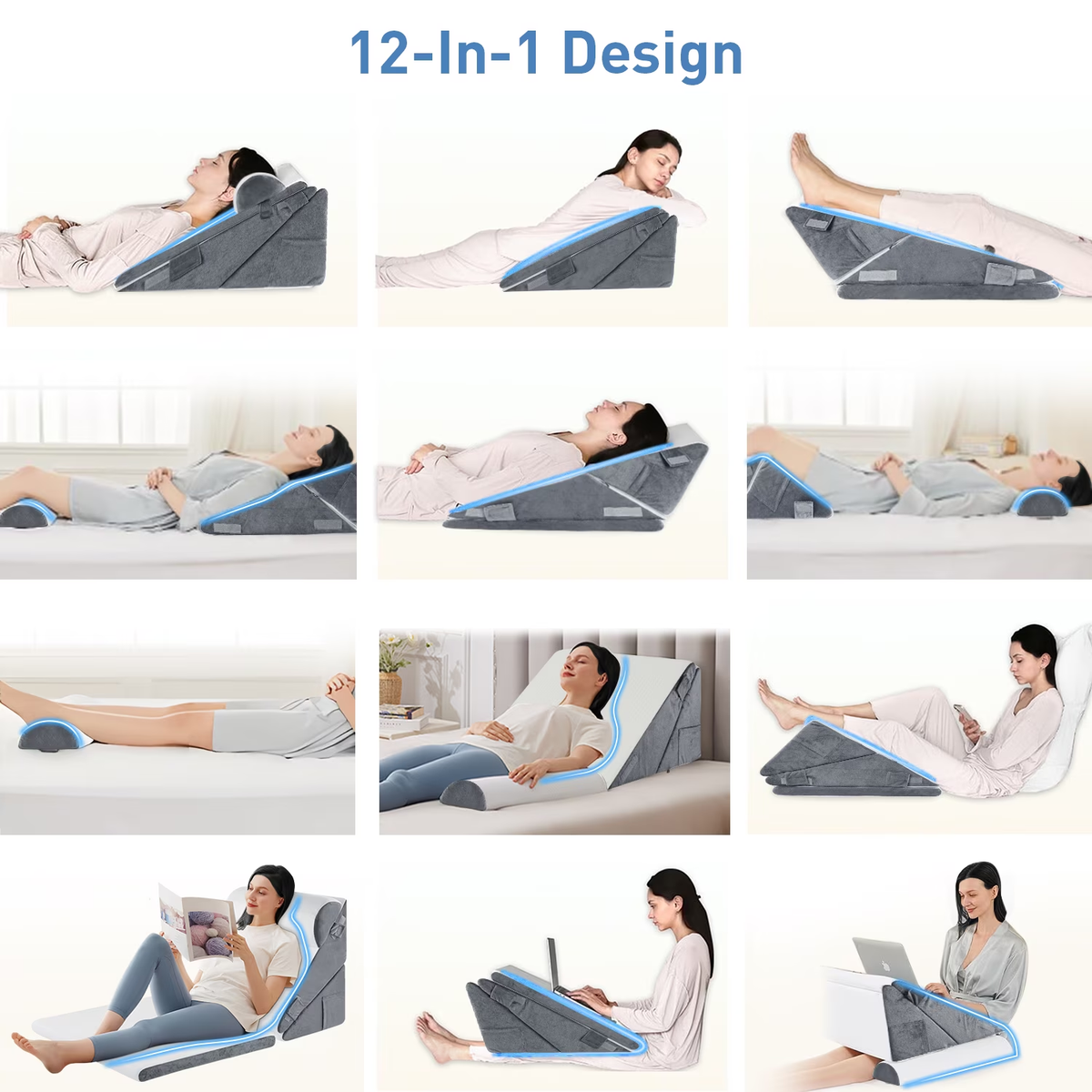 MOONORAH Bed Wedge Pillow with Head Pillow - Adjustable Highly Sponge Post-Surgery Pillow for Back, Leg & Knee Pain, Acid Reflux & Snoring Relief -Orthopedic Support for Sleeping, Flannel,Gray &White