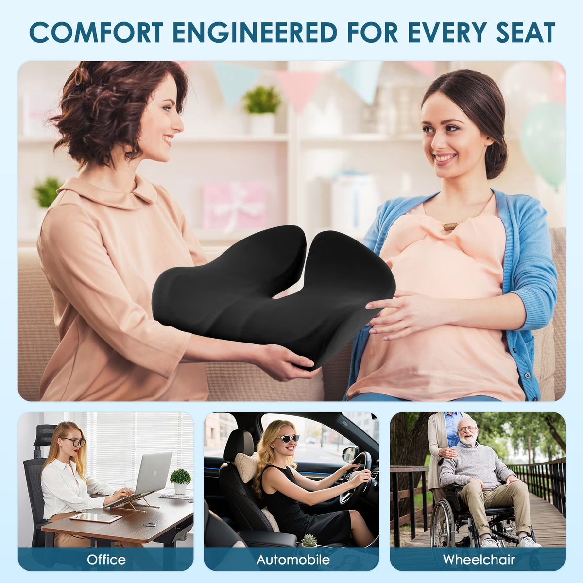 KAIPARA Seat Cushion - Memory Foam Tailbone Pain Relief - Black