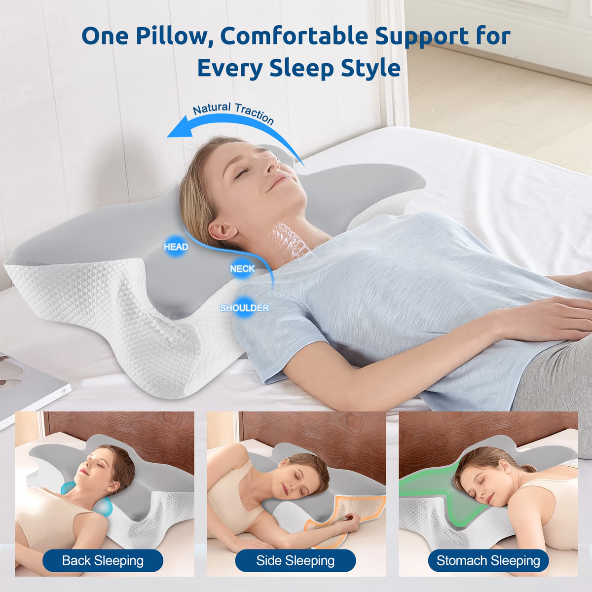 MOONORAH Cervical Pillow - Memory Foam Neck Pain Relief - Standard/Queen Gray