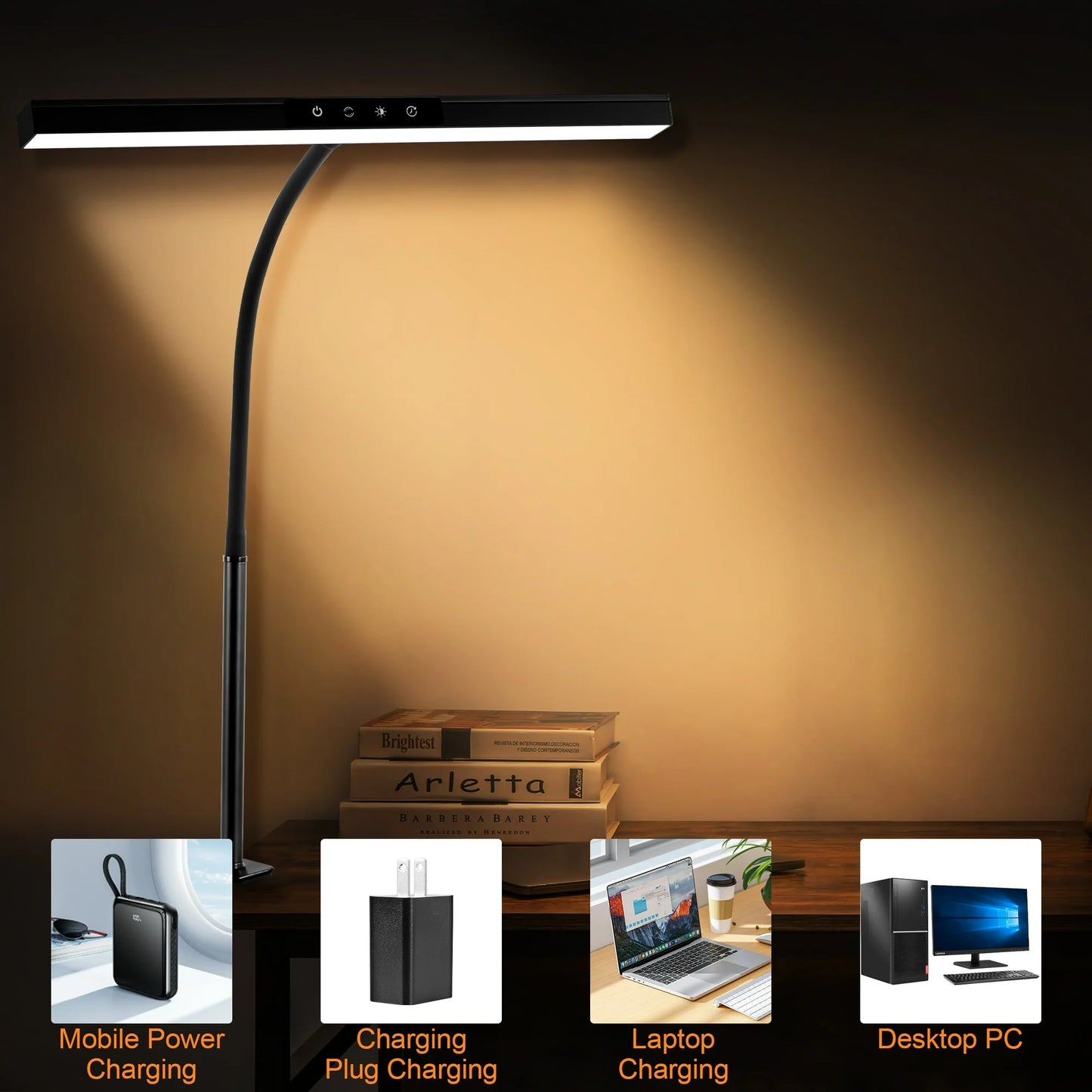 LOFTER-Pro LED Desk Lamps with Clamp, Architect Table Lights for Home Office, Long Flexible Gooseneck Memory Desk Lights with Touch Control, USB Charging Port, 3 Color Modes, Black