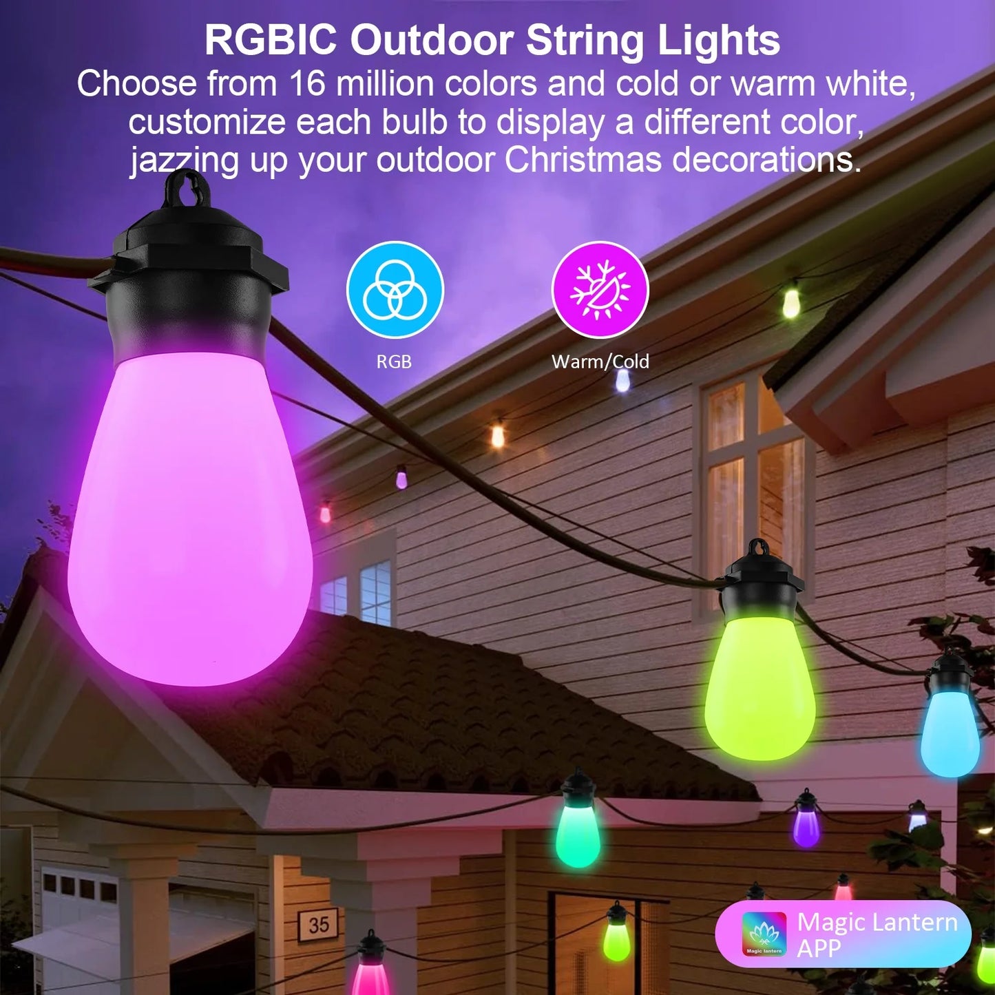 LOFTER-PRO Outdoor String Lights, LED Lights for Bedroom, 39Ft 20 Bulbs Smart Dimmable RGB String Lights Fairy Lights Christmas Lights for Halloween Decorations, Patio Lights, APP Control, Waterproof