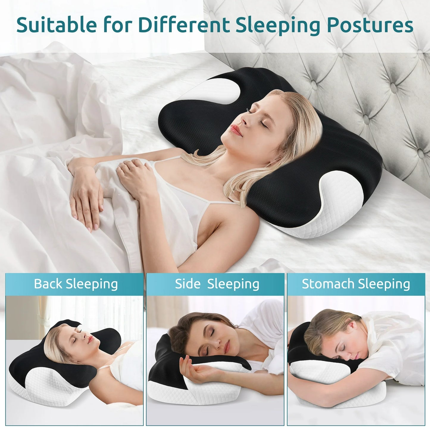 MOONORAH Cervical Memory Foam Pillow Neck Bed Pillow for Pain Relief Sleeping, Ergonomic Orthopedic for Side Back and Stomach Sleepers with Breathable Pillowcase, Queen Size 24" x 16.5" x 5.1" Black