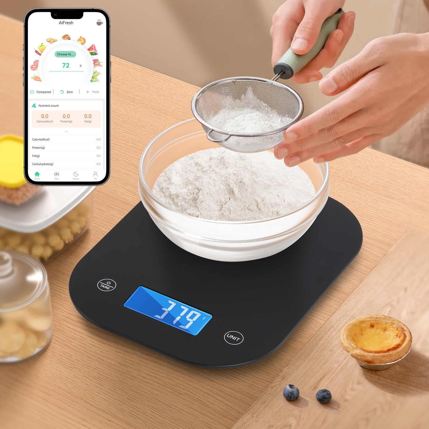 MOONORAH Digital Kitchen Scale, Food Grams Weight and Ounces Scales with Nutritional Timer, Smart App Coffee Scale for Weight Loss, Baking Cooking, Meal Prep, LCD Display, Black, 33LB/15KG