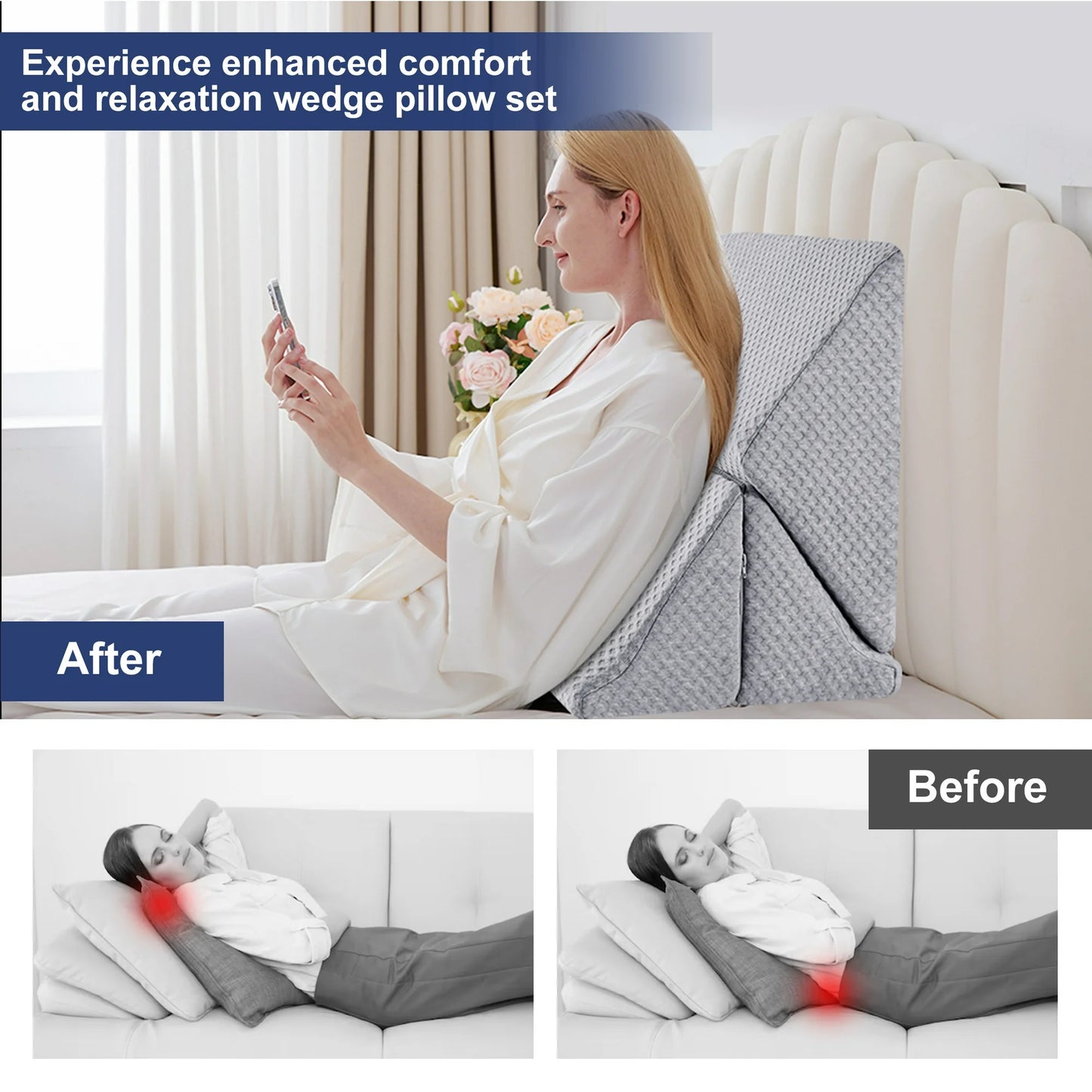 MOONORAH Wedge Pillow Set for Sleeping Post Surgery & Apnea,3 in 1 Memory Foam Reading Pillow, Orthopedic Bed Wedge Pillows Headboard for Acid Reflux, Leg Pain & Back Pain Relief - Gray