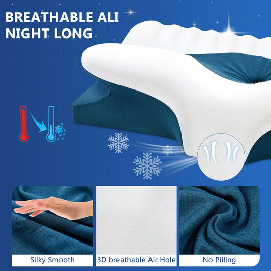 DONAMA Cervical Neck Pillow for Pain Relief Sleeping,Memory Foam Pillow with Breathable Pillowcase,Orthopedic Ergonomic Contoured Support for Side,Back and Stomach,Queen Size 23.62"×14.17"×4.72" Blue