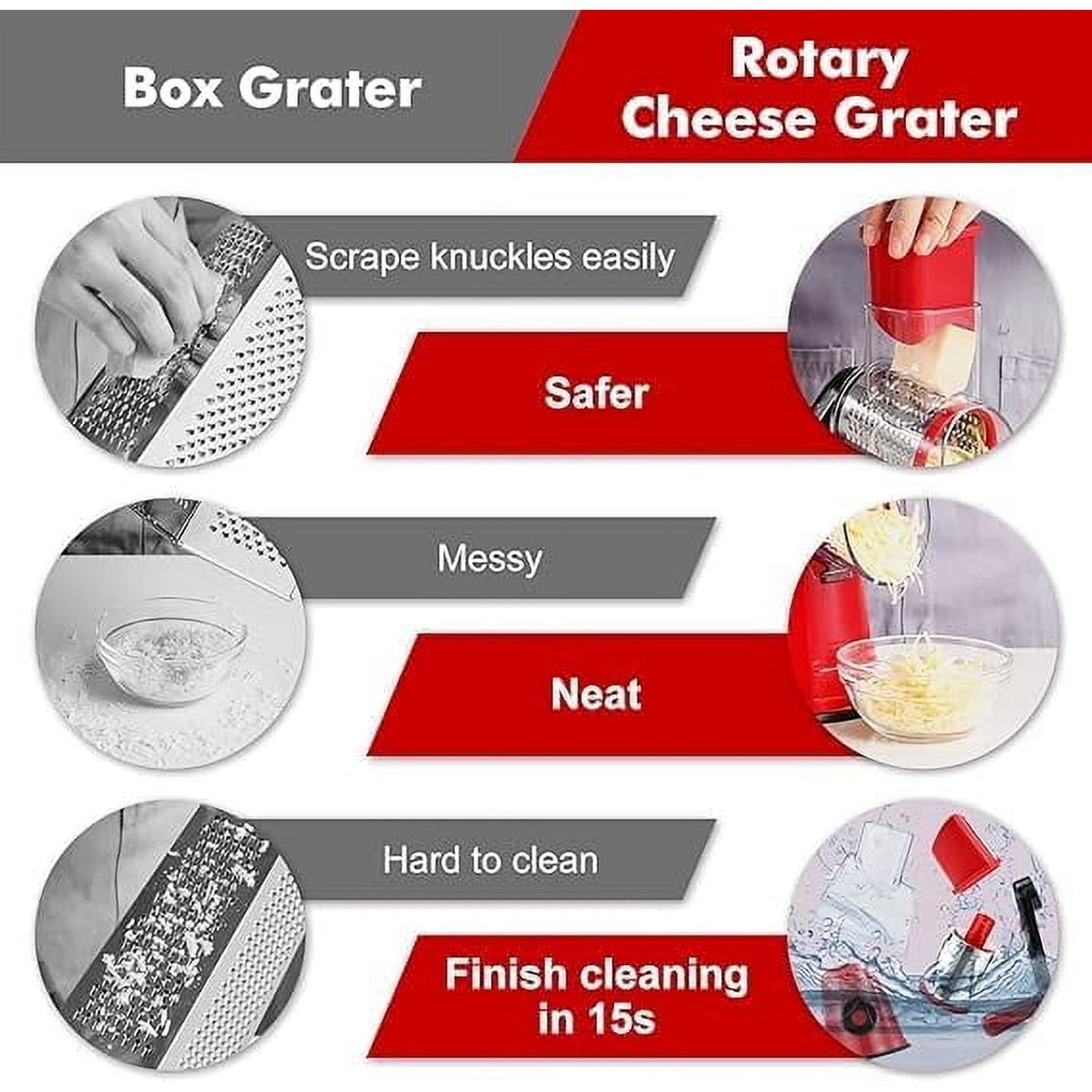 MOONORAH Rotary Cheese Grater with Handle Crank, Vegetable Shredder with Strong Suction Base and 3 Interchangeable Blades, Round Mandoline Slicer for Kitchen, Easy to Use and Clean, Red