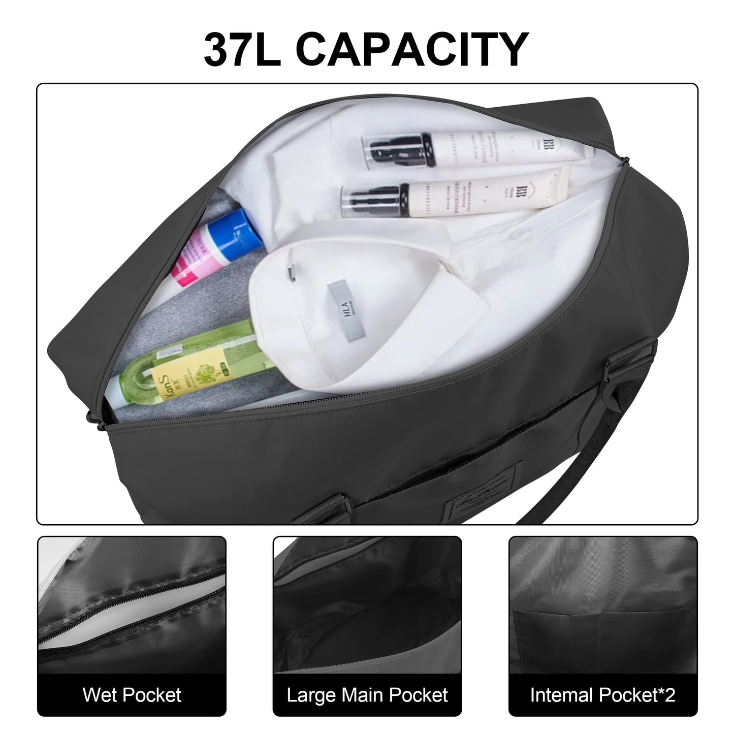 WANALIT Waterproof Duffel Bag for Gym and Travel, Weekender Carry On with Wet Dry Compartment, Luggage Sleeve, Airplane Approved (Black)