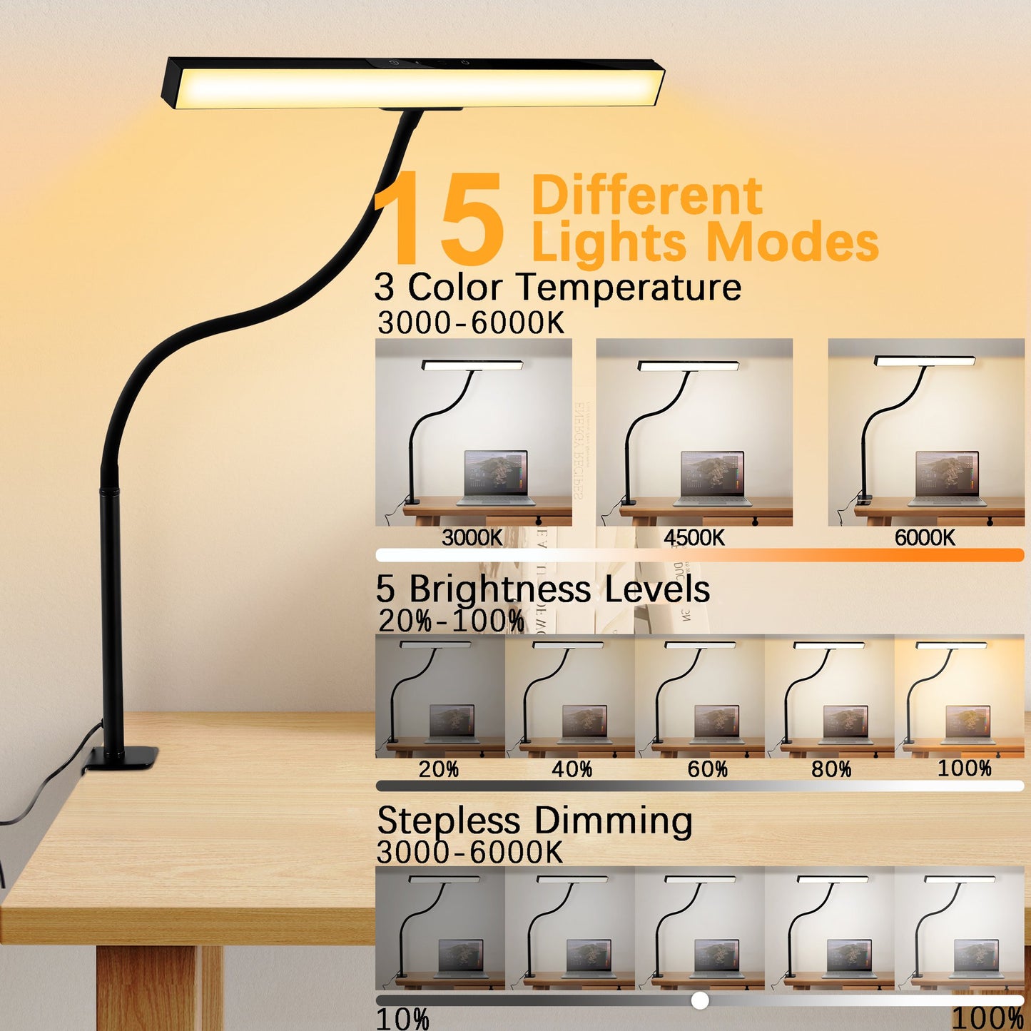 LOFTER-Pro LED Desk Lamps with Clamp, Architect Table Lights for Home Office, Long Flexible Gooseneck Memory Desk Lights with Touch Control, USB Charging Port, 3 Color Modes, Black