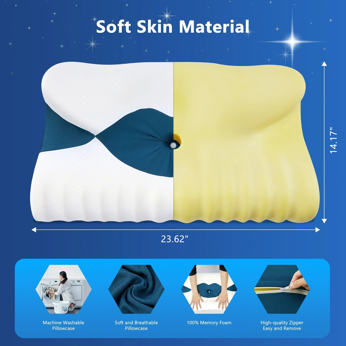 DONAMA Cervical Neck Pillow for Pain Relief Sleeping,Memory Foam Pillow with Breathable Pillowcase,Orthopedic Ergonomic Contoured Support for Side,Back and Stomach,Queen Size 23.62"×14.17"×4.72" Blue