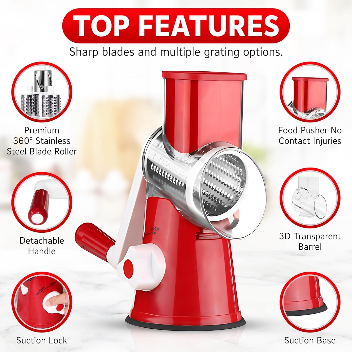 MOONORAH Rotary Cheese Grater with Handle Crank, Vegetable Shredder with Strong Suction Base and 3 Interchangeable Blades, Round Mandoline Slicer for Kitchen, Easy to Use and Clean, Red