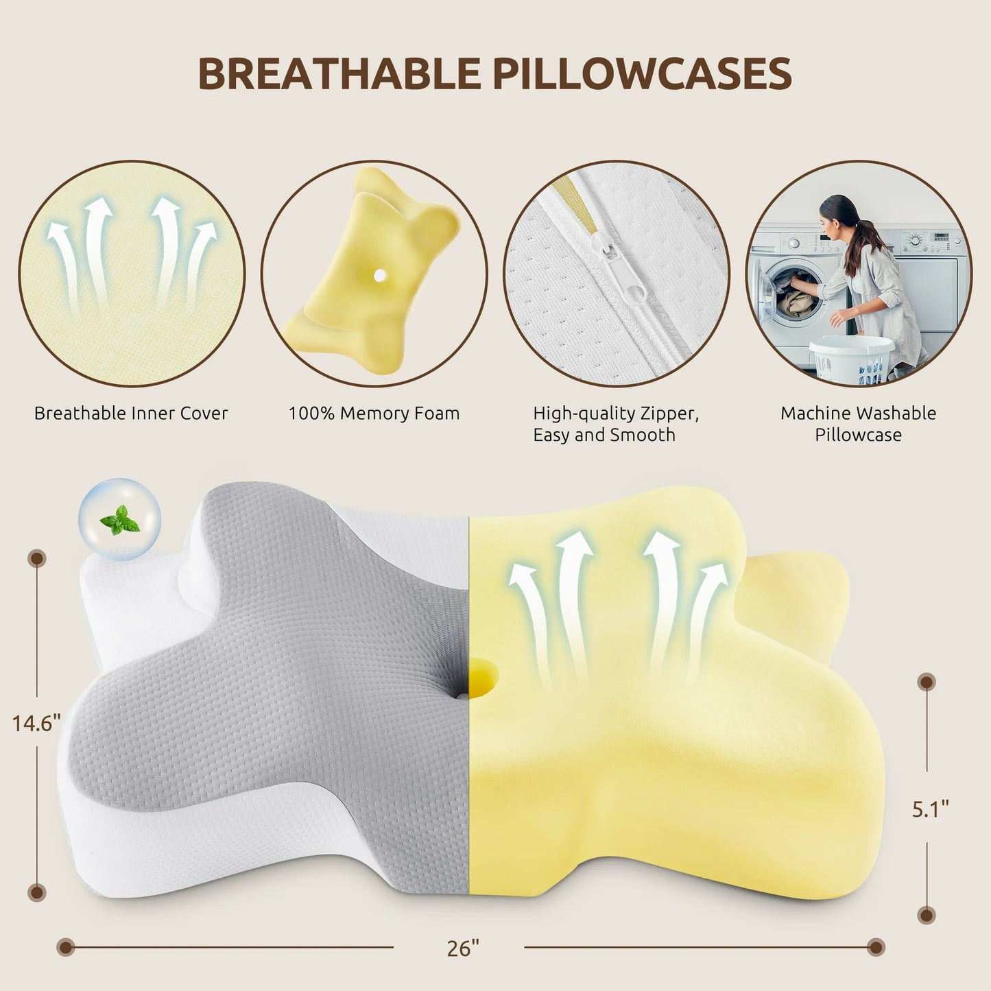 MOONORAH Memory Foam Pillow for Neck Pain Relief Cervical Sleepers Standard/Queen Gray