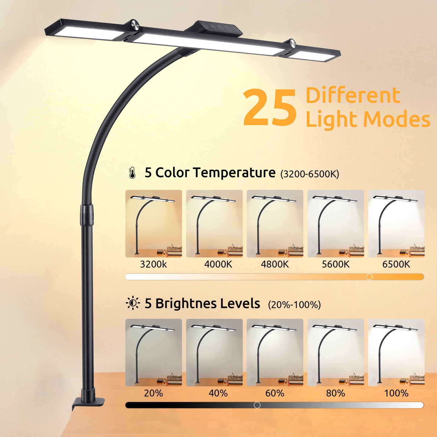 LOFTER-PRO LED Desk Lamps for Home Office, Eye Caring Architect Table Lights with Clamp, 24W Dimmable Overhead Light, Adjustable Flexible Gooseneck, 25 Lighting Models with Remote Control, Black