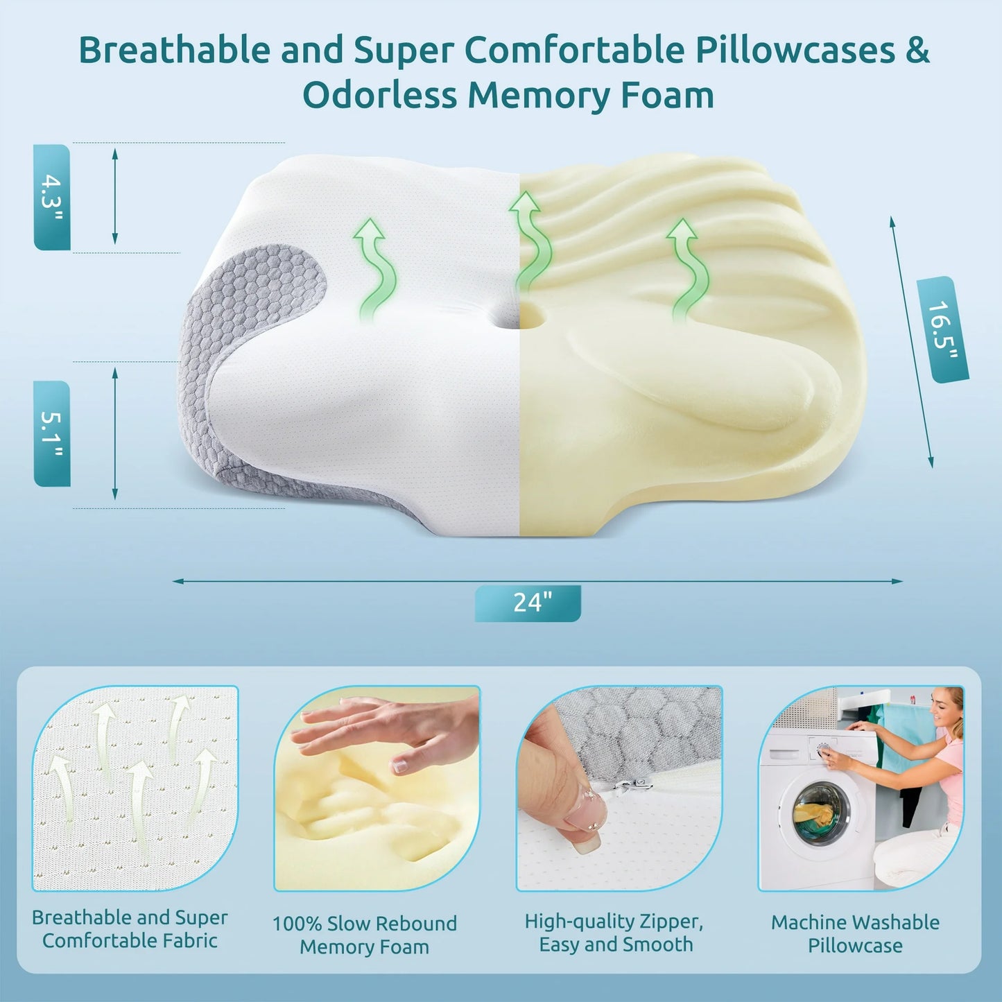 MOONORAH Cervical Memory Foam Pillow Neck Bed Pillow for Pain Relief Sleeping, Ergonomic Orthopedic for Side Back and Stomach Sleepers with Breathable Pillowcase, Queen Size 24" x 16.5" x 5.1" Gray