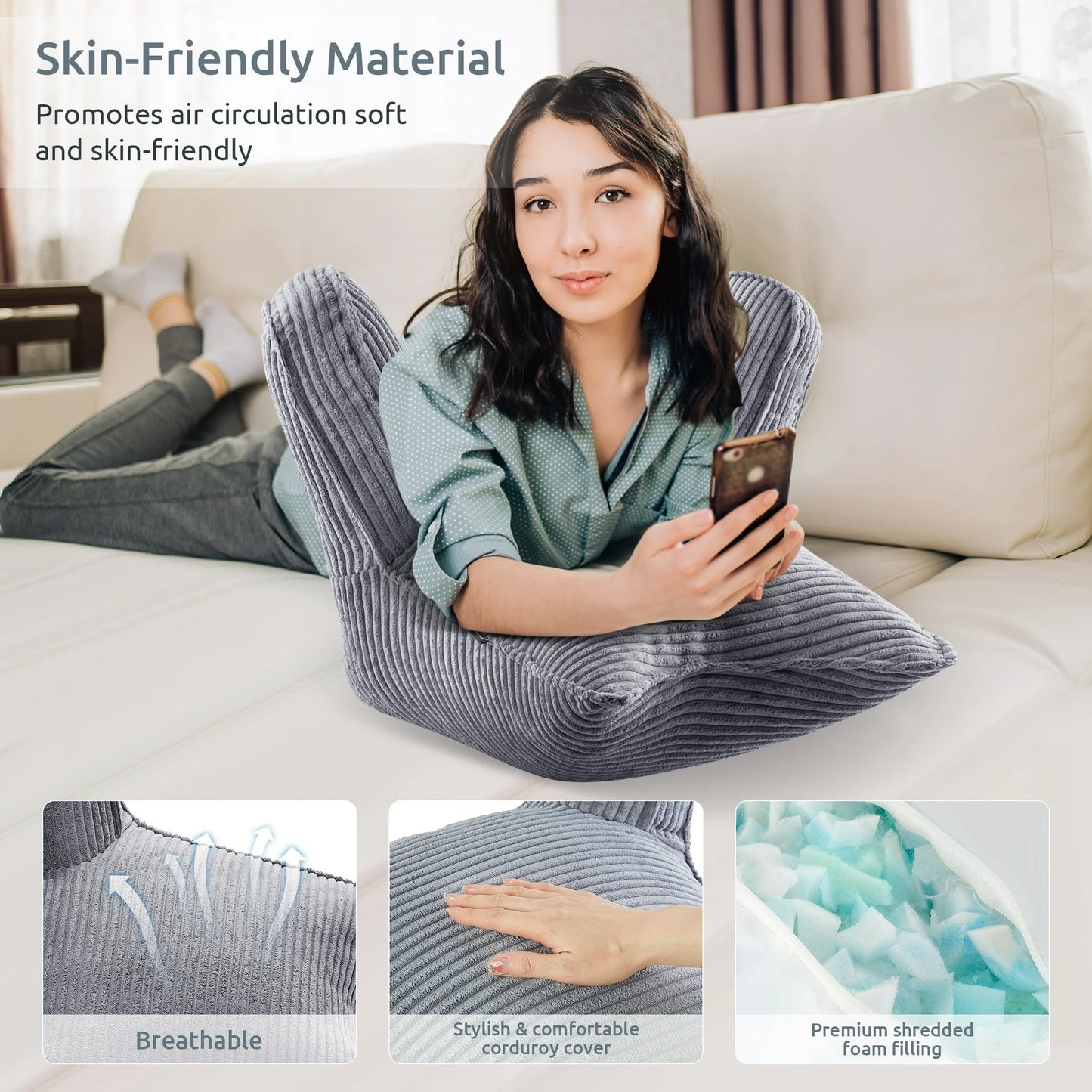 MOONORAH Backrest Reading Pillow with Arms Back Support for Sitting Up in Bed, Back Pillow with Shredded Memory Foam for Adult - Gray