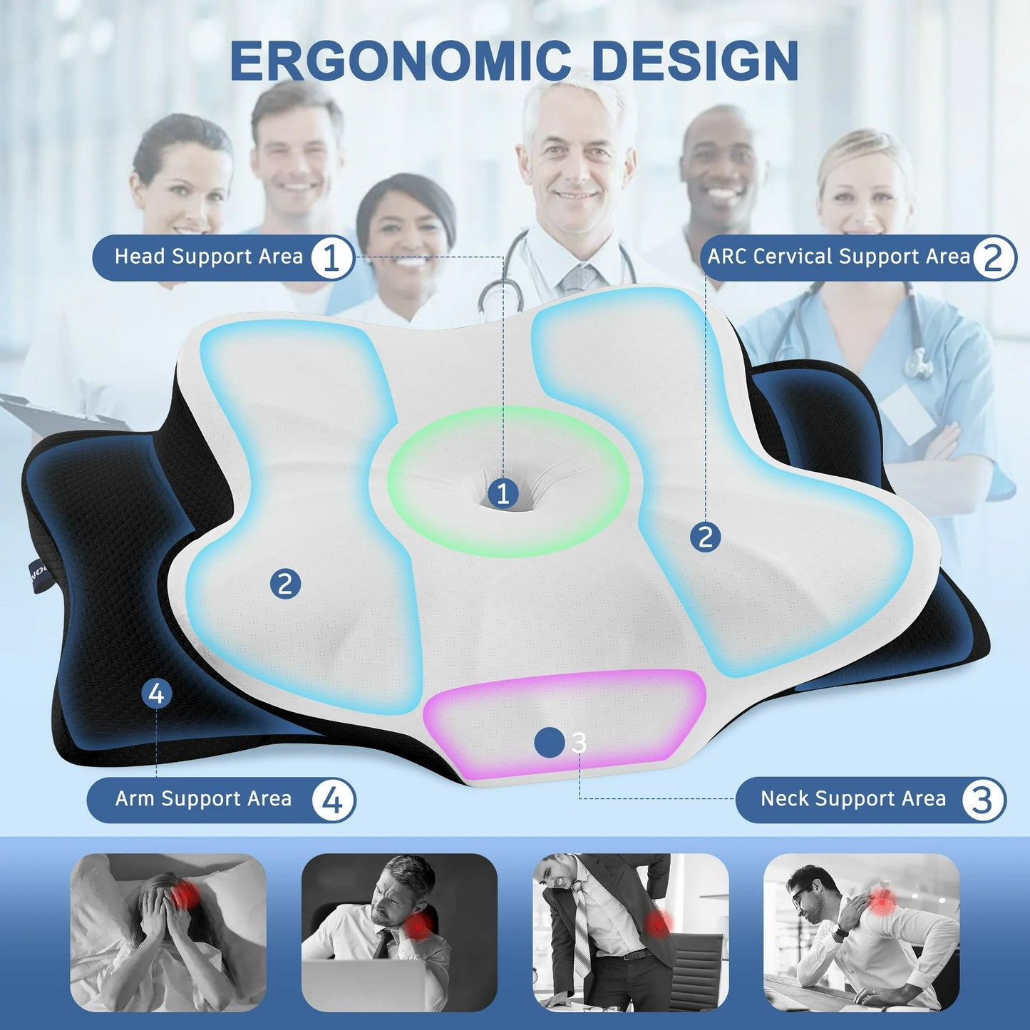 DONAMA Orthopedic Pillow for Neck Pain Relief,Cervical Travel Pillow,Contour Memory Foam Pillow,Ergonomic Pillows for Side Back&Stomach Sleepers with Breathable Pillowcase,Standard,Black