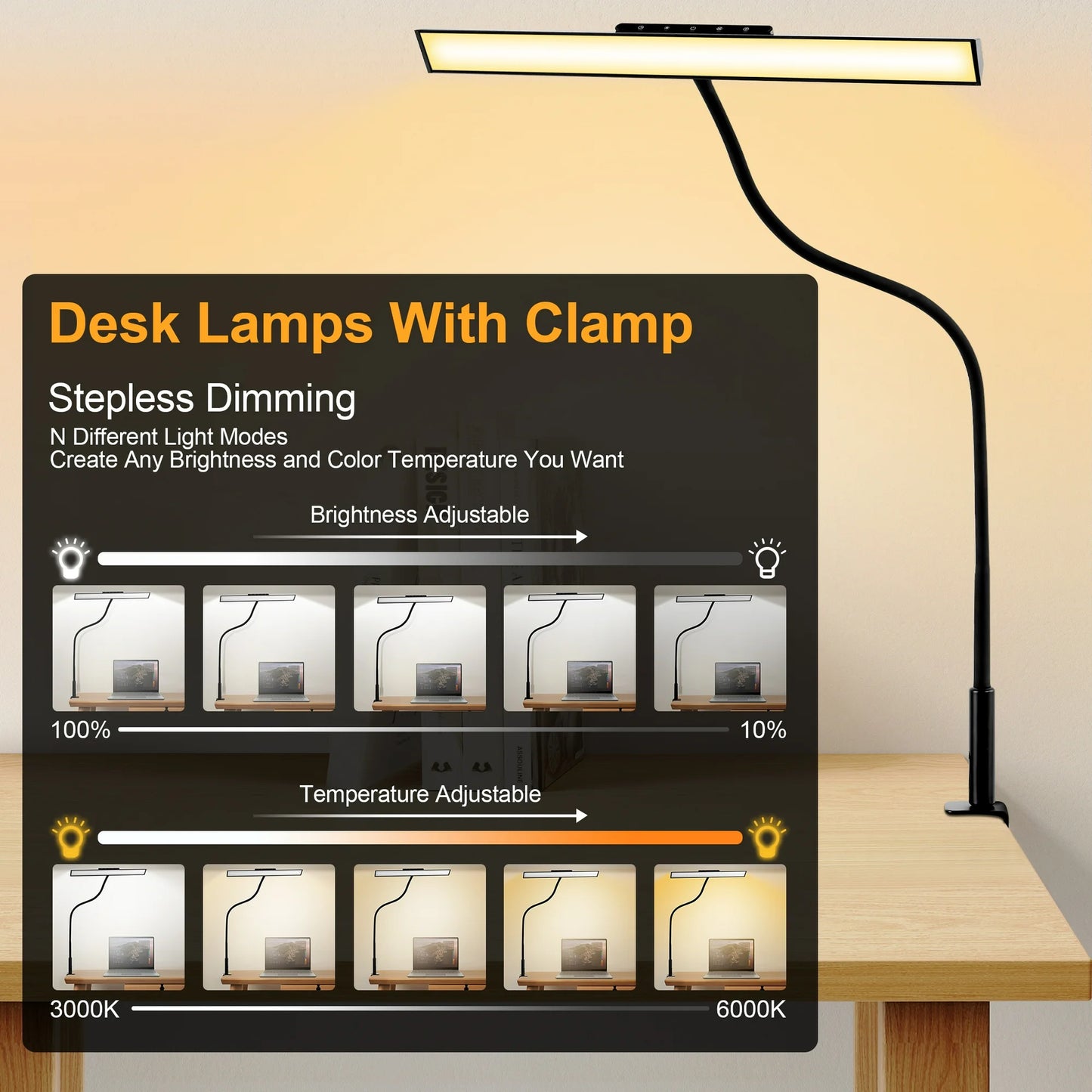 LOFTER-Pro LED Desk Lamps with Clamp, Architect Table Lights for Home Office, 3 Colors Stepless Dimming, Long Flexible Gooseneck Table Lamp with Touch Control and Remote Control, Black