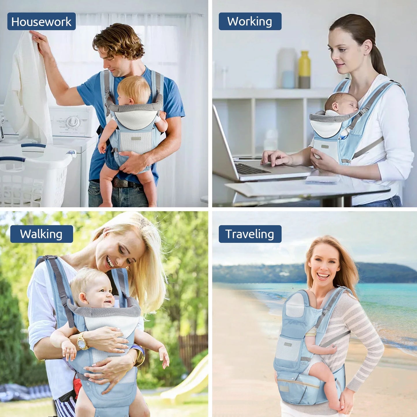 MOONORAH Baby Carrier with Hip Seat, Ergonomic M Position 6 in 1 Baby Wraps Carrier Adjustable Holder Newborn to Toddler with Head Support and Breathable Mesh Blue