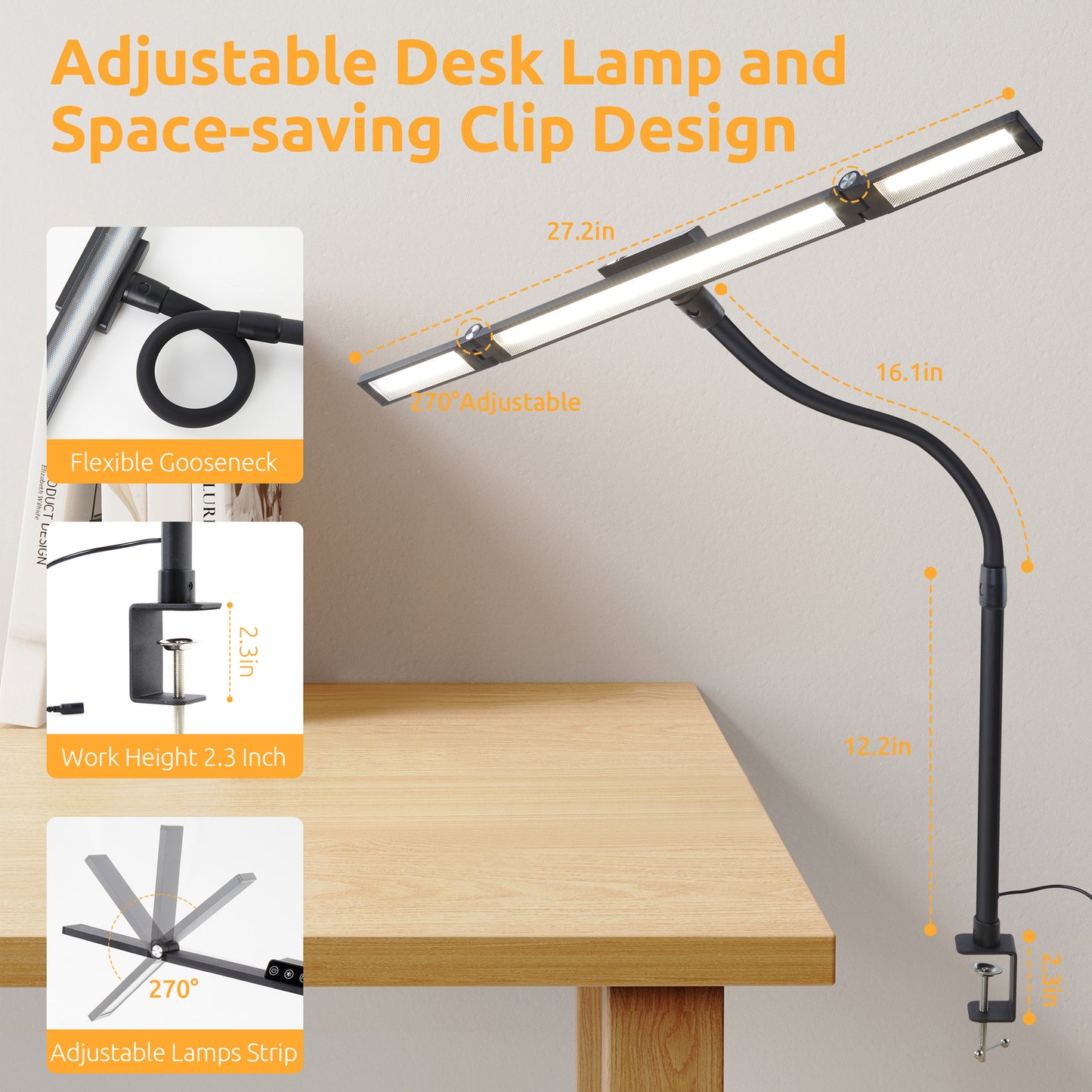 LOFTER-PRO LED Desk Lamps for Home Office, Eye Caring Architect Table Lights with Clamp, 24W Dimmable Overhead Light, Adjustable Flexible Gooseneck, 25 Lighting Models with Remote Control, Black