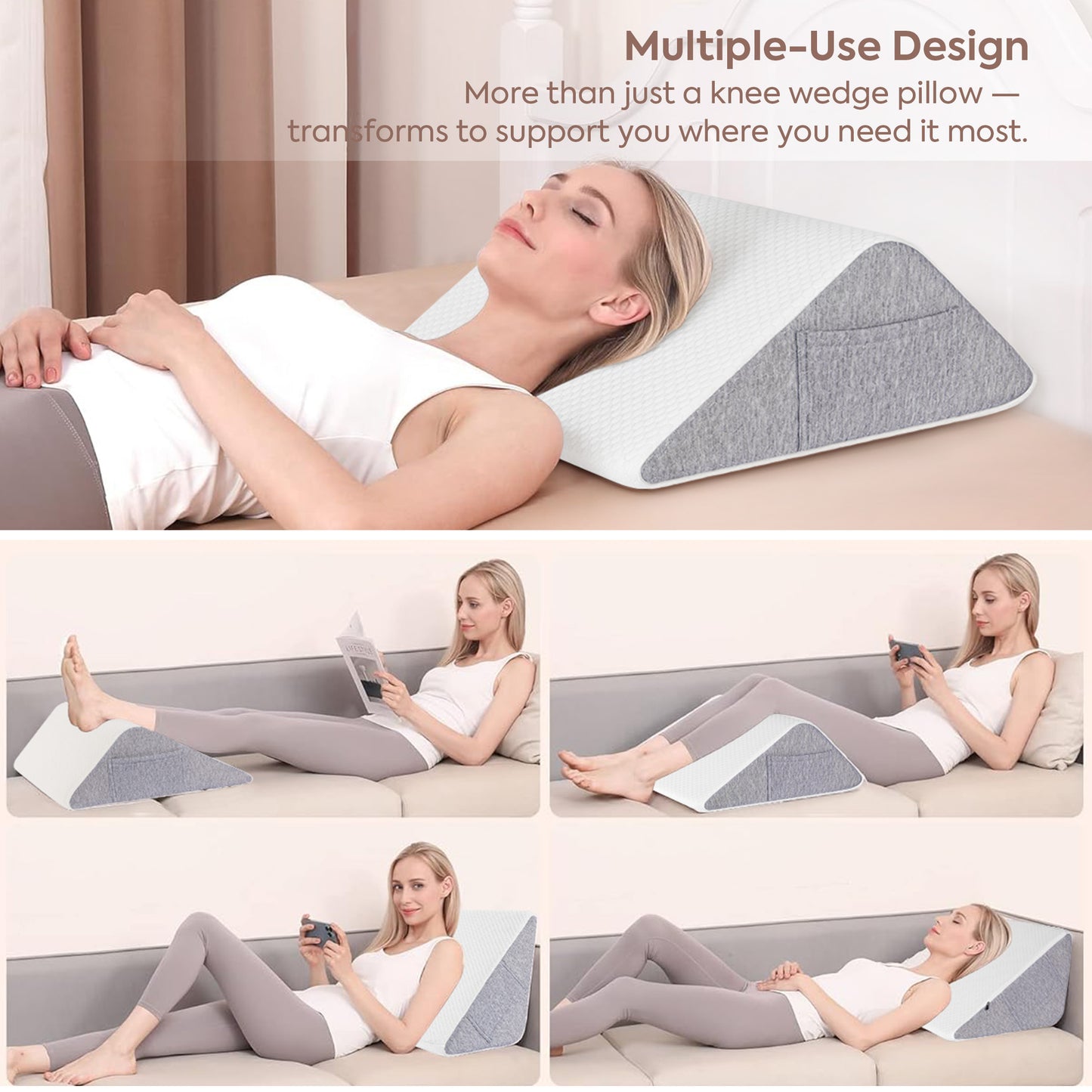 MOONORAH Knee Wedge Pillow for Back Sleeping – Leg Elevation Cushion for Post Surgery Recovery, Hip, Knee & Tailbone Pain Relief, Triangle Bolster Support Pillow, White