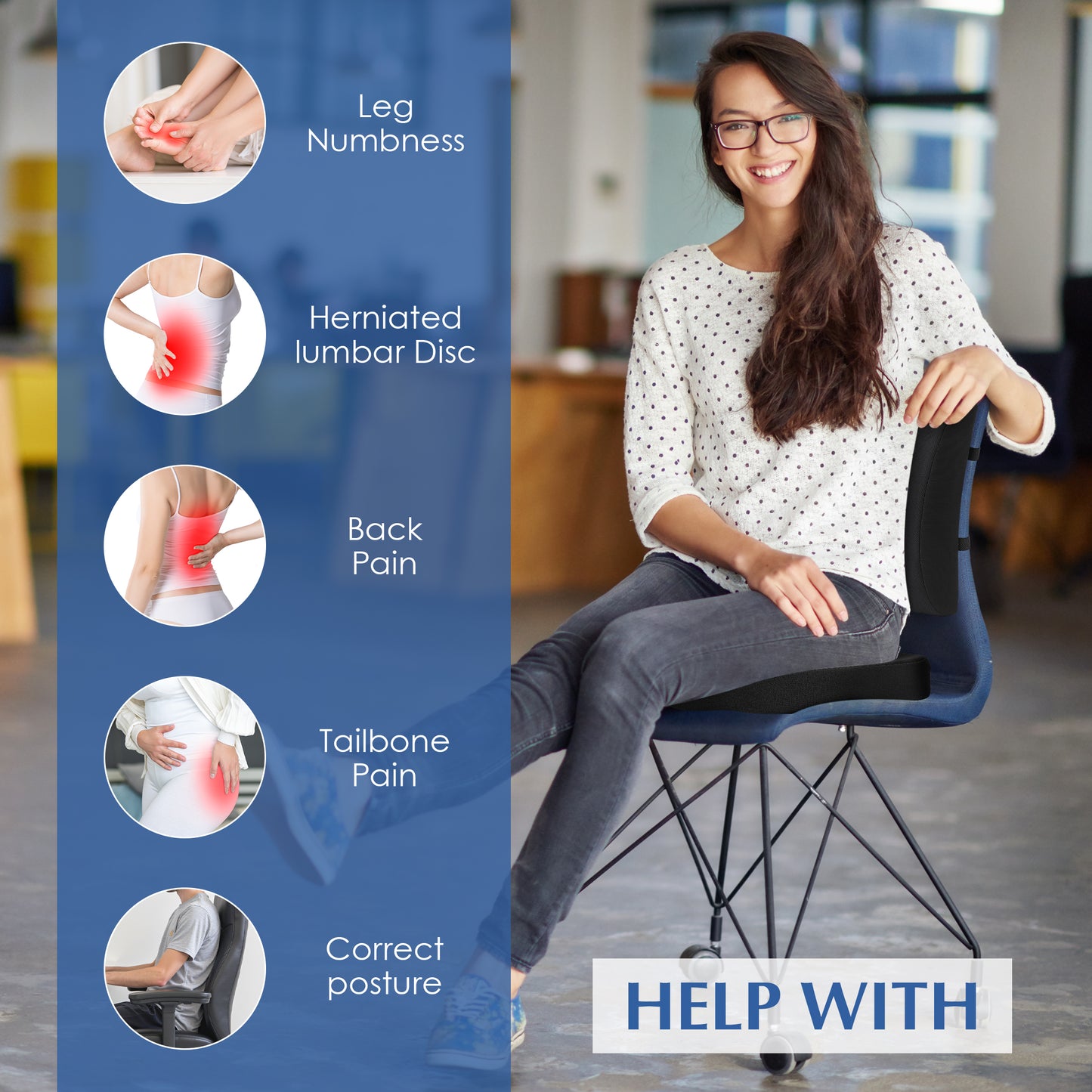 Kaibinsi Memory Foam Chair Seat & Lumbar Cushion for Tailbone, Hip Pain Relief - Ideal for Office, Car, Wheelchair