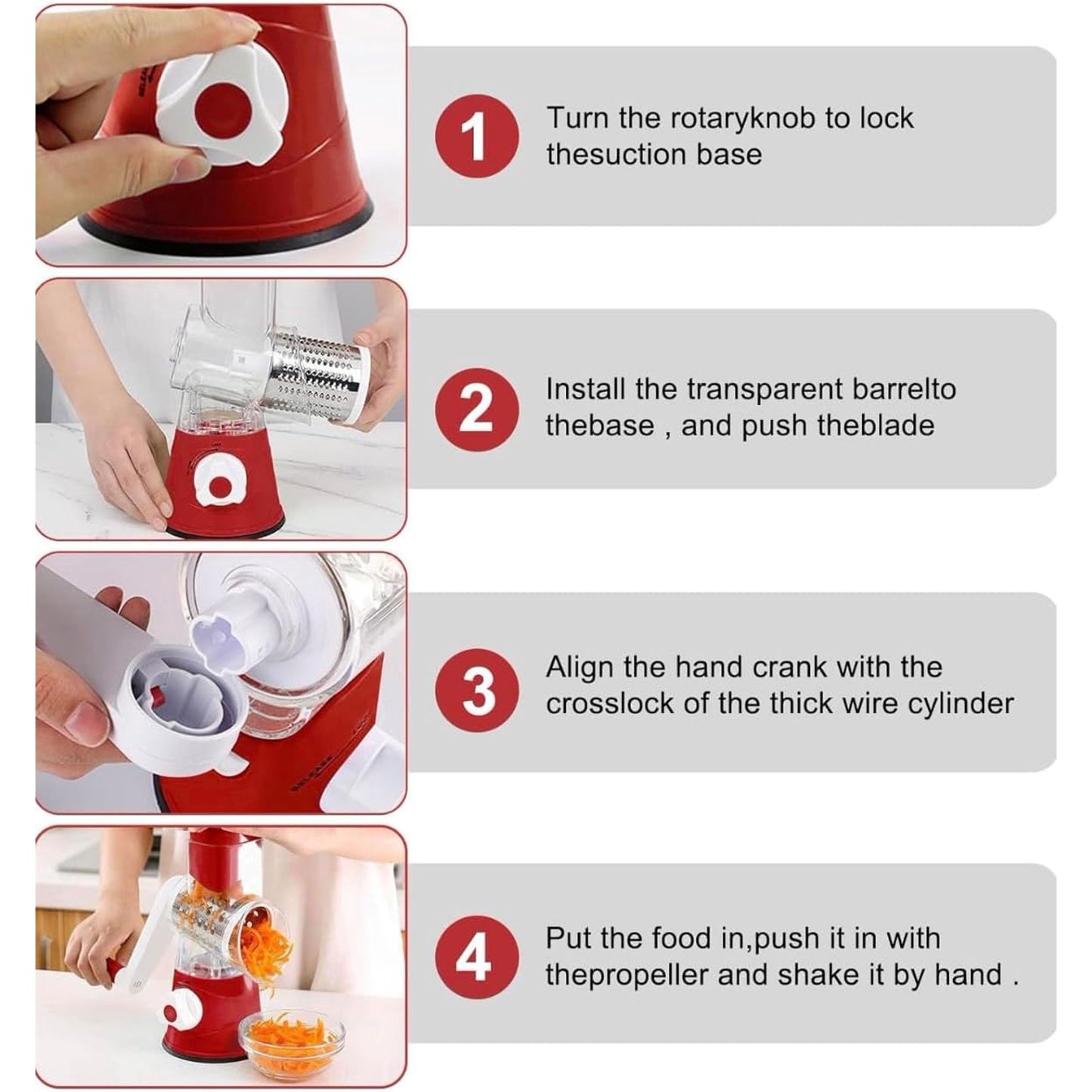 MOONORAH Rotary Cheese Grater with Handle Crank, Vegetable Shredder with Strong Suction Base and 3 Interchangeable Blades, Round Mandoline Slicer for Kitchen, Easy to Use and Clean, Red
