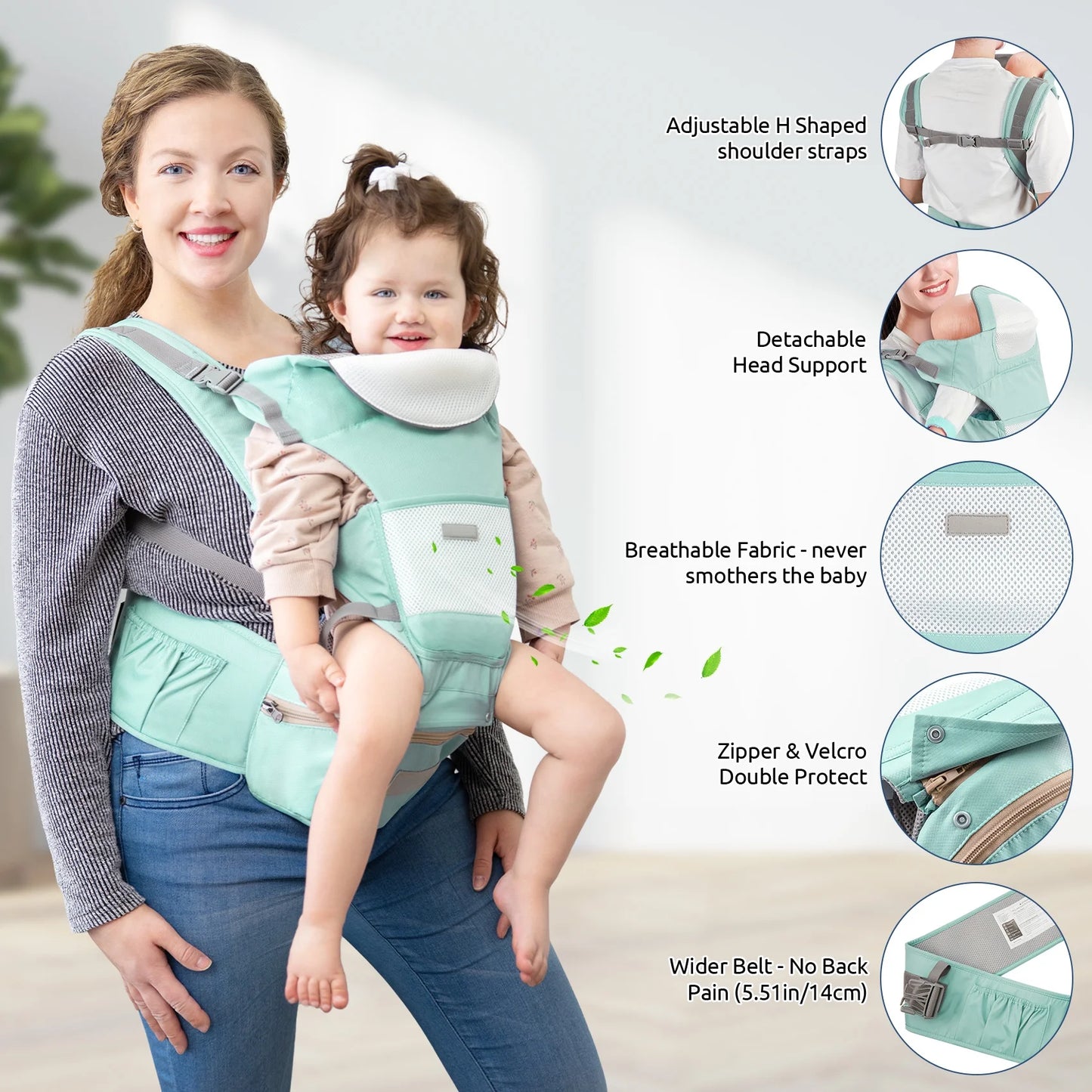 MOONORAH Baby Carrier with Hip Seat, Ergonomic M Position 6 in 1 Baby Wraps Carrier Adjustable Holder Newborn to Toddler with Head Support and Breathable Mesh Green