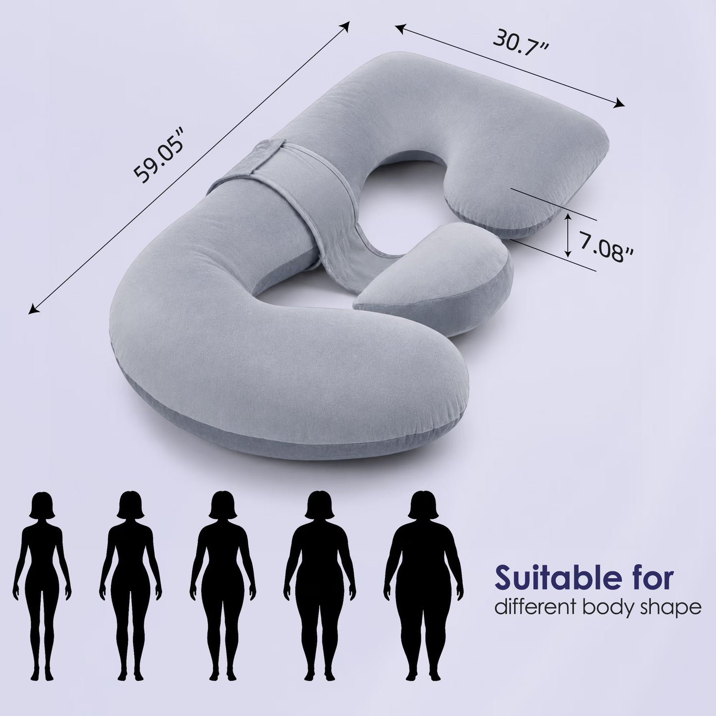 MOONORAH Pregnancy Pillow for Sleeping, E-Shaped Full Body Pillow for Side Sleepers, Wedge Body Support for Back Belly Hips Legs, Adjustable Detachable, 59'' Gray, Removable Cover