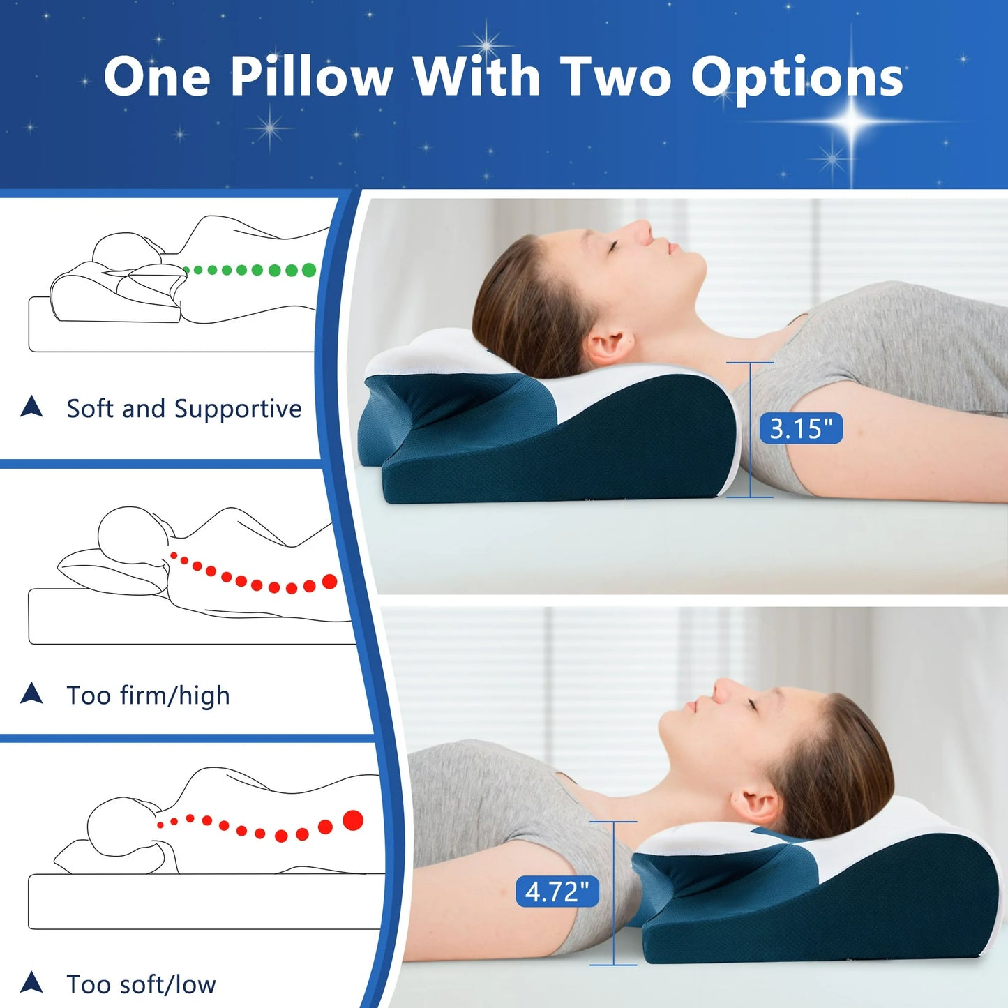 DONAMA Cervical Neck Pillow for Pain Relief Sleeping,Memory Foam Pillow with Breathable Pillowcase,Orthopedic Ergonomic Contoured Support for Side,Back and Stomach,Queen Size 23.62"×14.17"×4.72" Blue