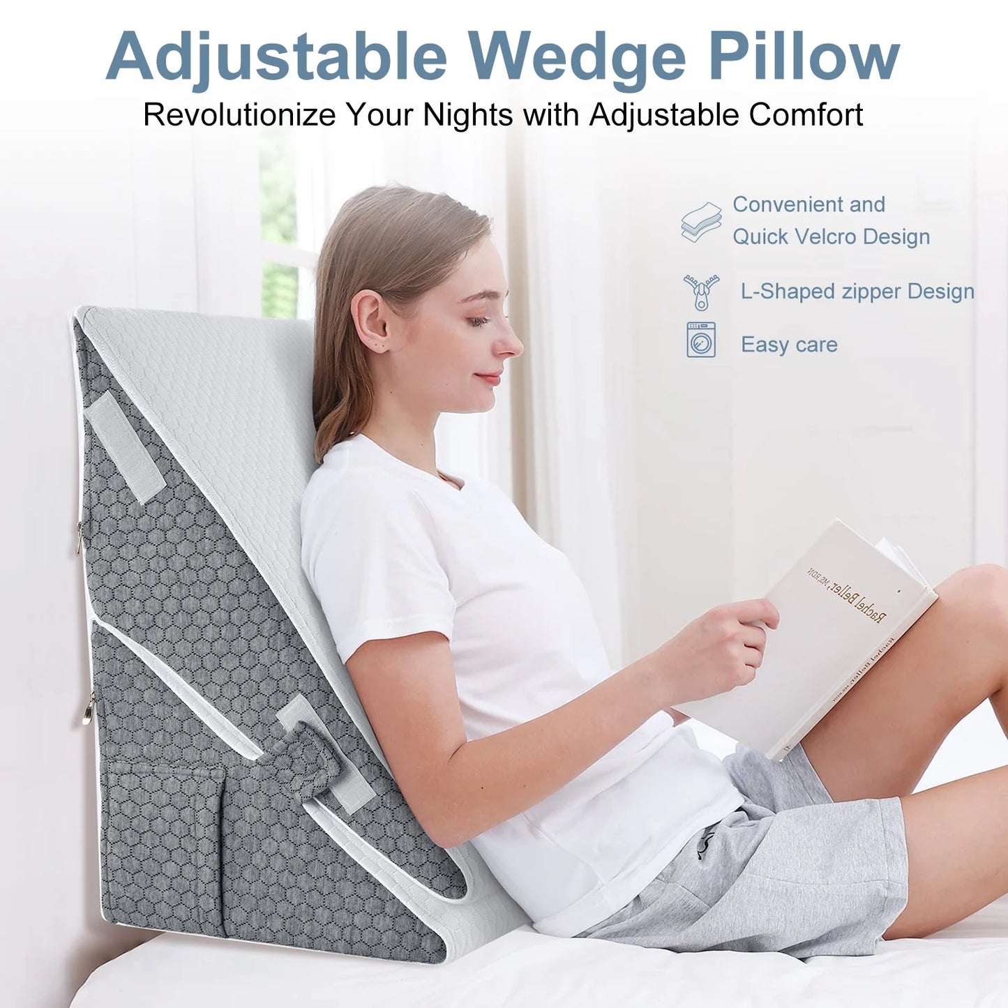 MOONORAH Wedge Pillow for Sleep Apnea, Adjustable Wedge Pillow Headboard, Bed Wedge Pillow for Acid Reflux and Back Pain Relief, Pillow Wedge for Sleeping with Neck Support Pillow, White & Grey