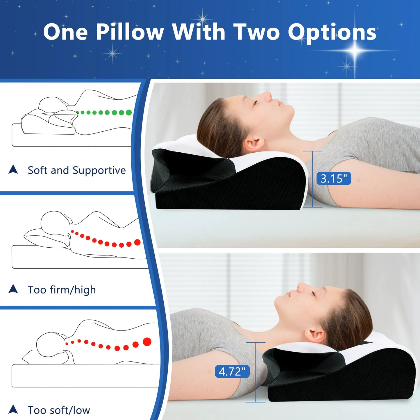 DONAMA Cervical Neck Pillow for Pain Relief Sleeping,Memory Foam Pillow with Breathable Pillowcase,Orthopedic Ergonomic Contoured Support for Side,Back and Stomach,Queen Size 23.62"×14.17"×4.72" Black