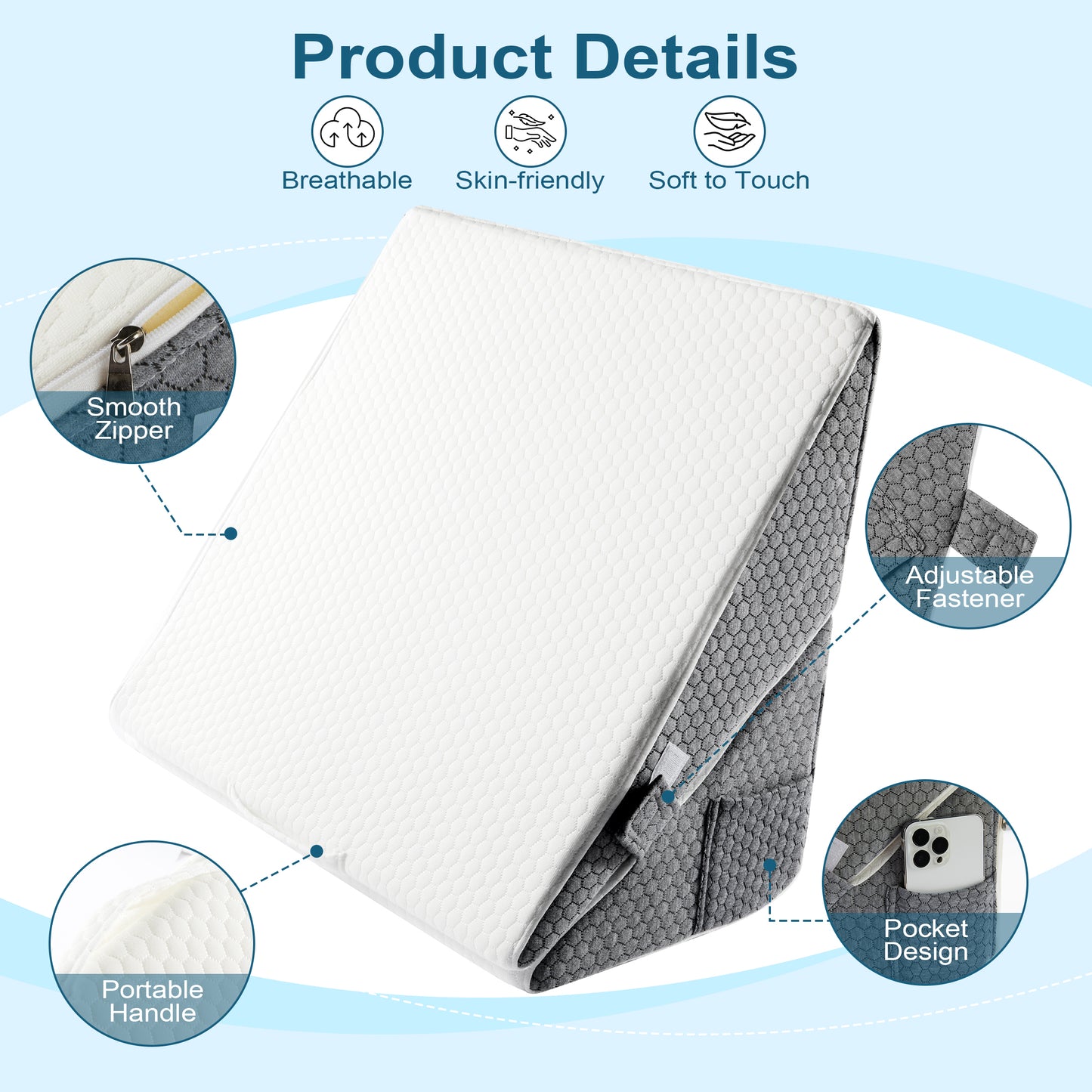 MOONORAH Bed Wedge Pillow for Sleeping, Adjustable Memory Foam with Washable Cover, Supportive Wedge for Acid Reflux, Back Pain Relief and Recovery Use - White