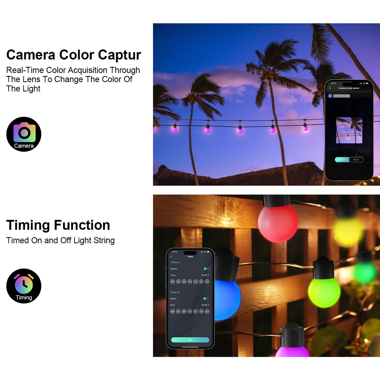 LOFTER-PRO Outdoor String Lights, LED Lights for Bedroom, 33Ft 50 Bulbs Smart RGB Outdoor String Lights Fairy Lights for Halloween Decorations, Christmas, Patio Lights, APP Control, IP65 Waterproof