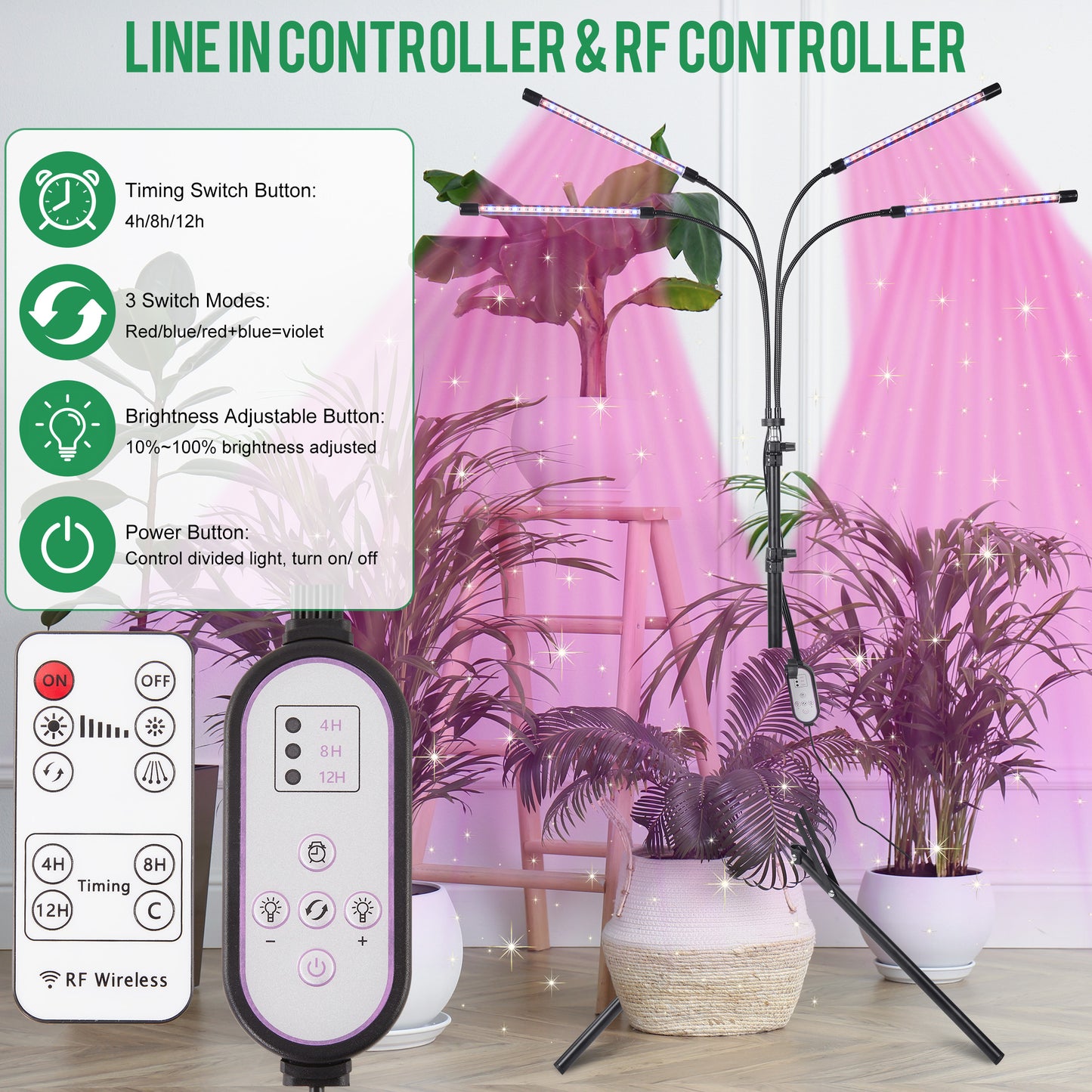 LOFTER-PRO Grow Lights for Indoor Plants, 4 Head LED Grow Light with Full Spectrum, 9 Dimmable Level and Auto On Off Timer, Tripod Stand Plant Lamp Height Adjustable (63 Inch)
